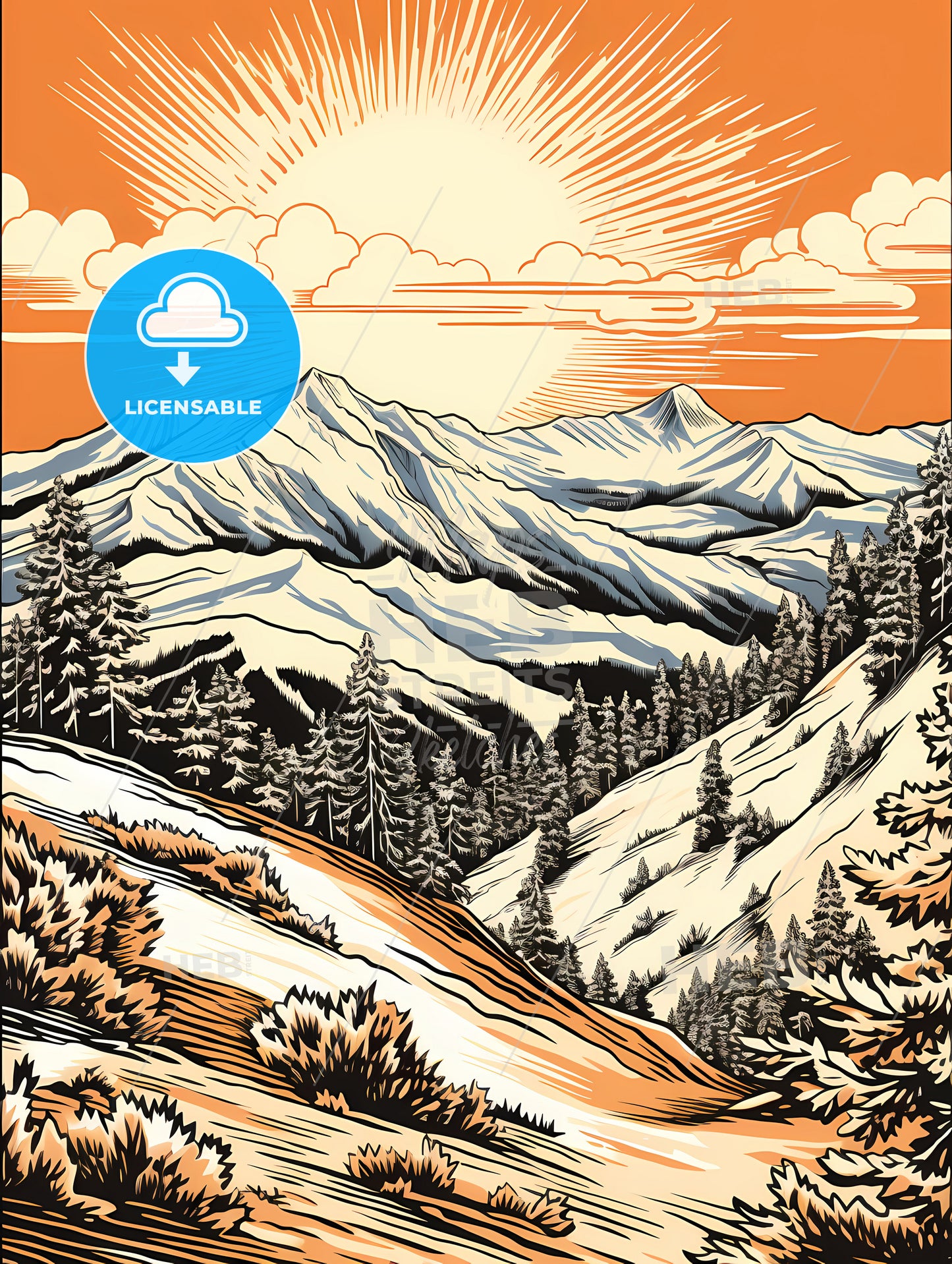 A Painting Of Mountains And Trees