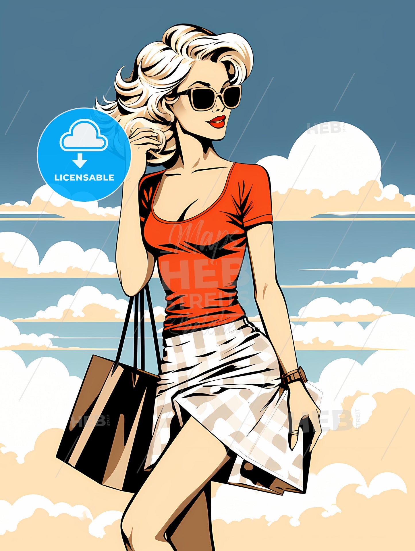 A Woman In Sunglasses And A Red Shirt Holding A Bag