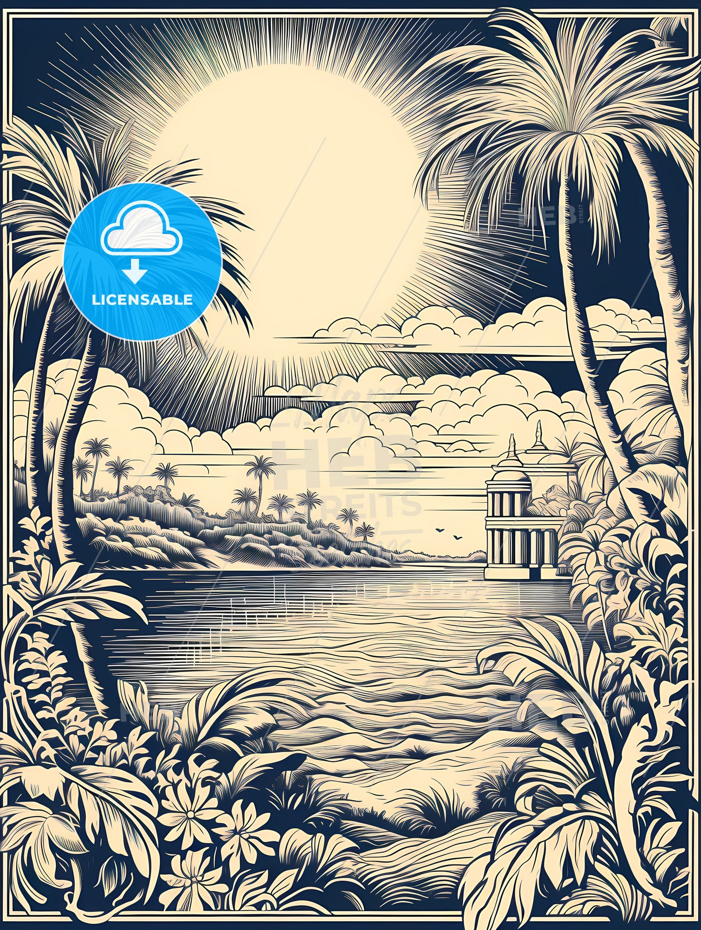 A Black And White Art Of A Tropical Landscape