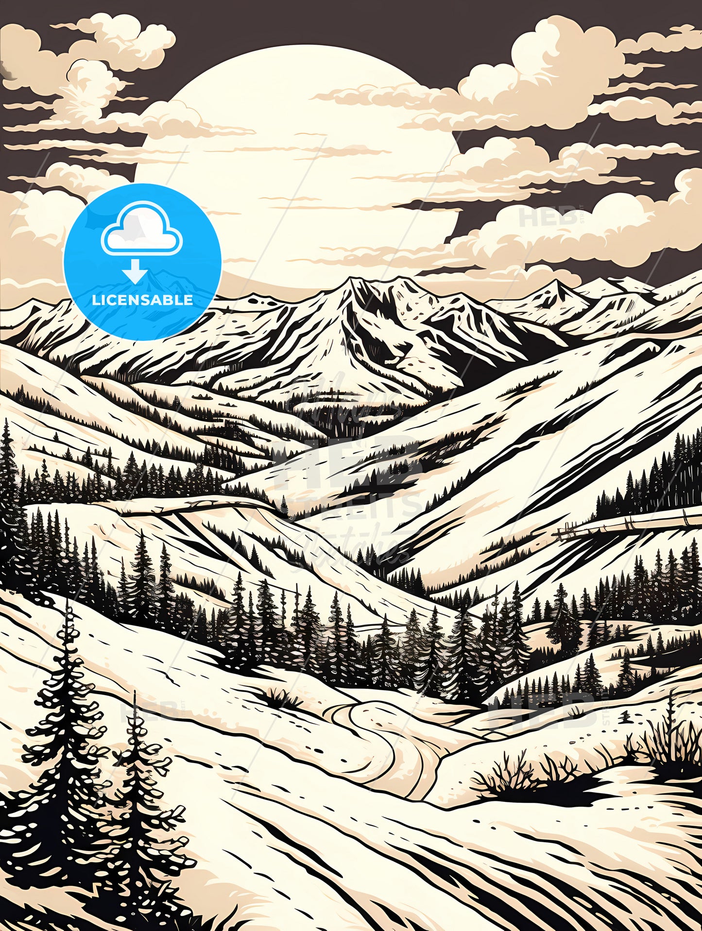 A Black And White Drawing Of A Snowy Mountain Range