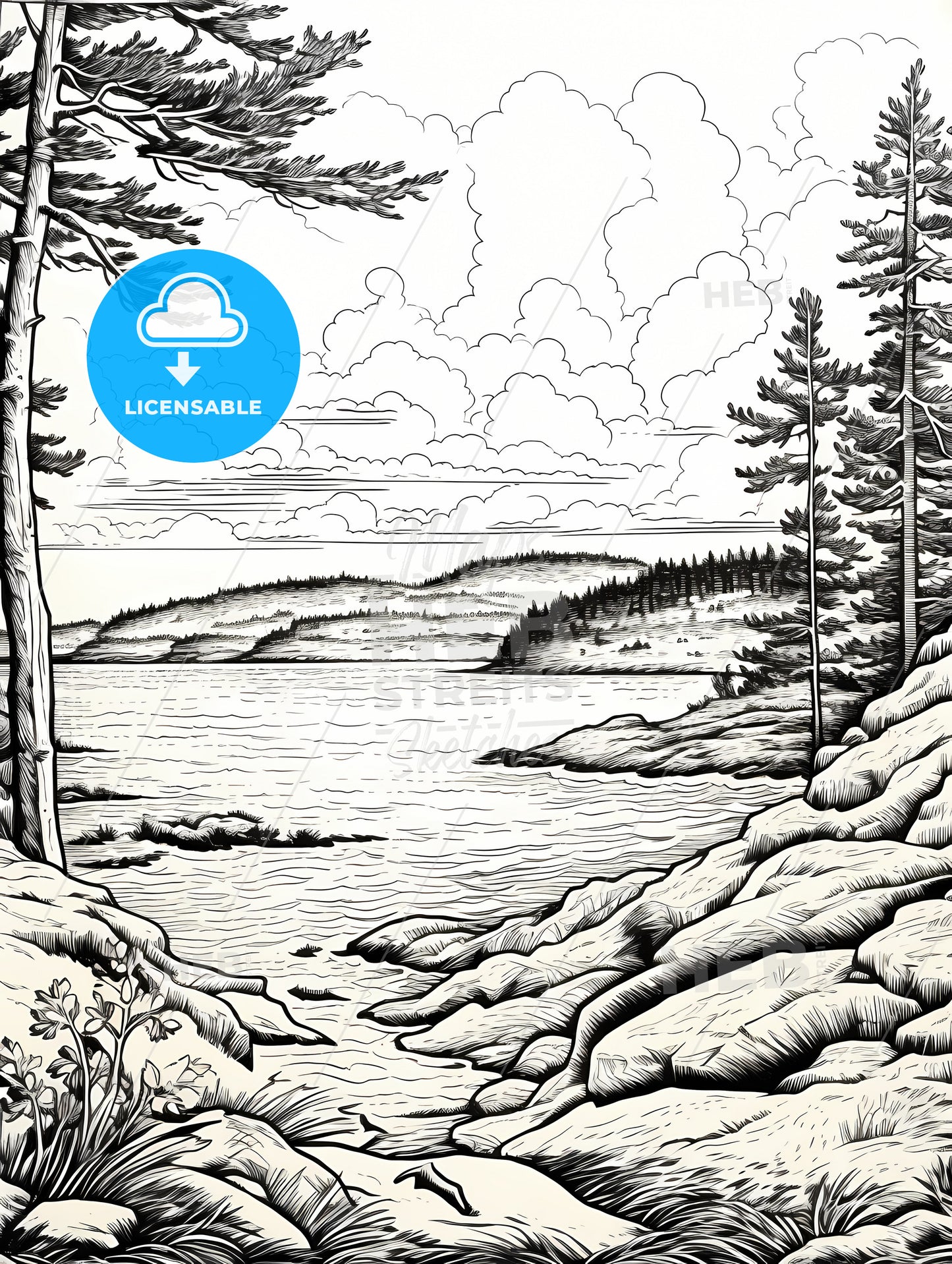 A Drawing Of A Lake And Trees