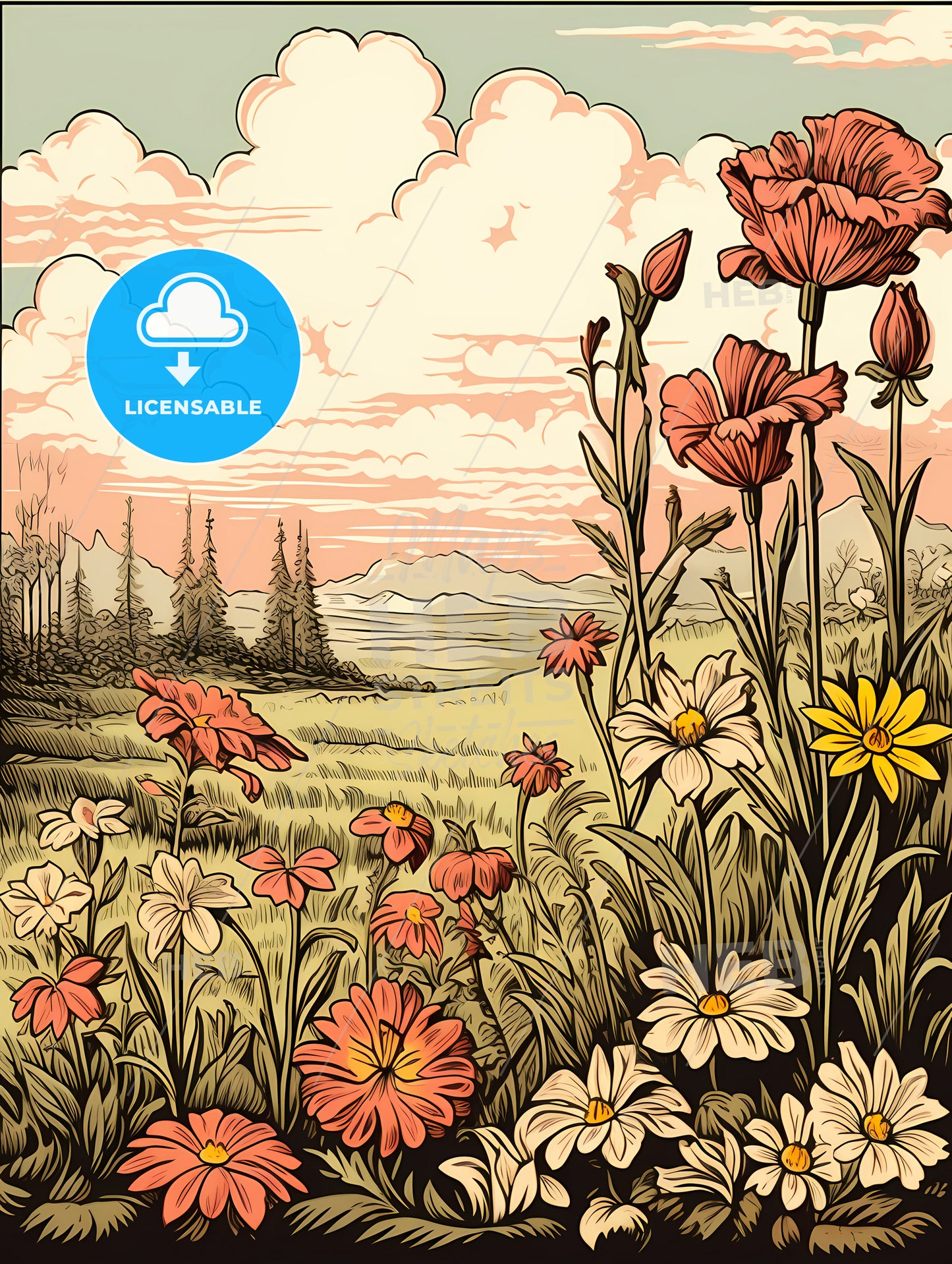 A Painting Of Flowers In A Field