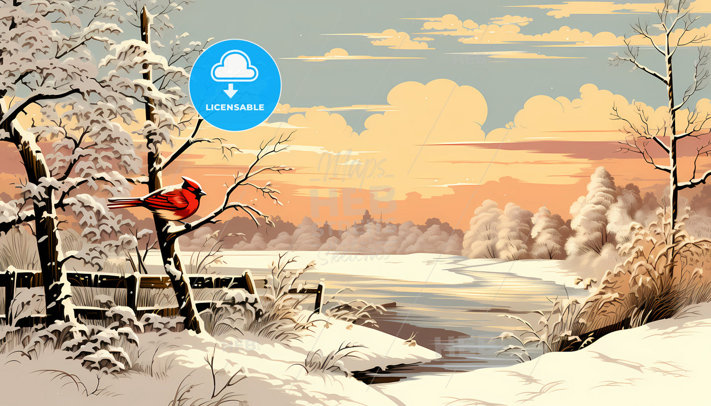 A Bird Sitting On A Tree Branch In A Snowy Landscape