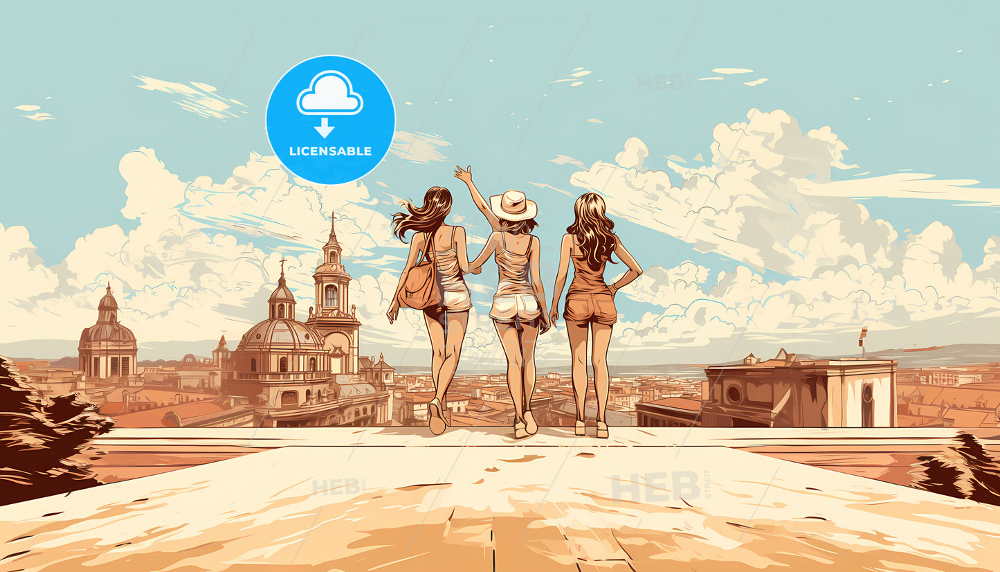 A Group Of Women Standing On A Ledge Looking At A City