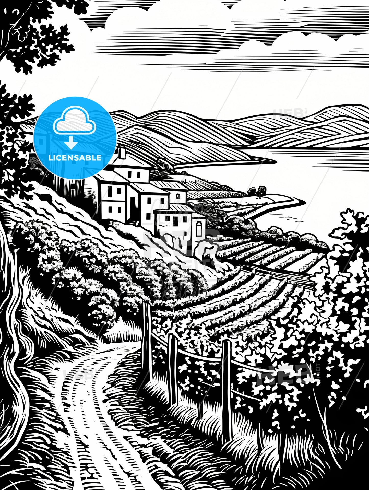 A Black And White Drawing Of A Village On A Hill With A Road And A Lake