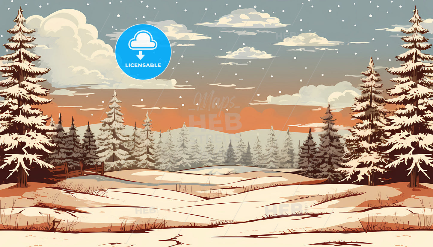 A Snowy Landscape With Trees And Hills