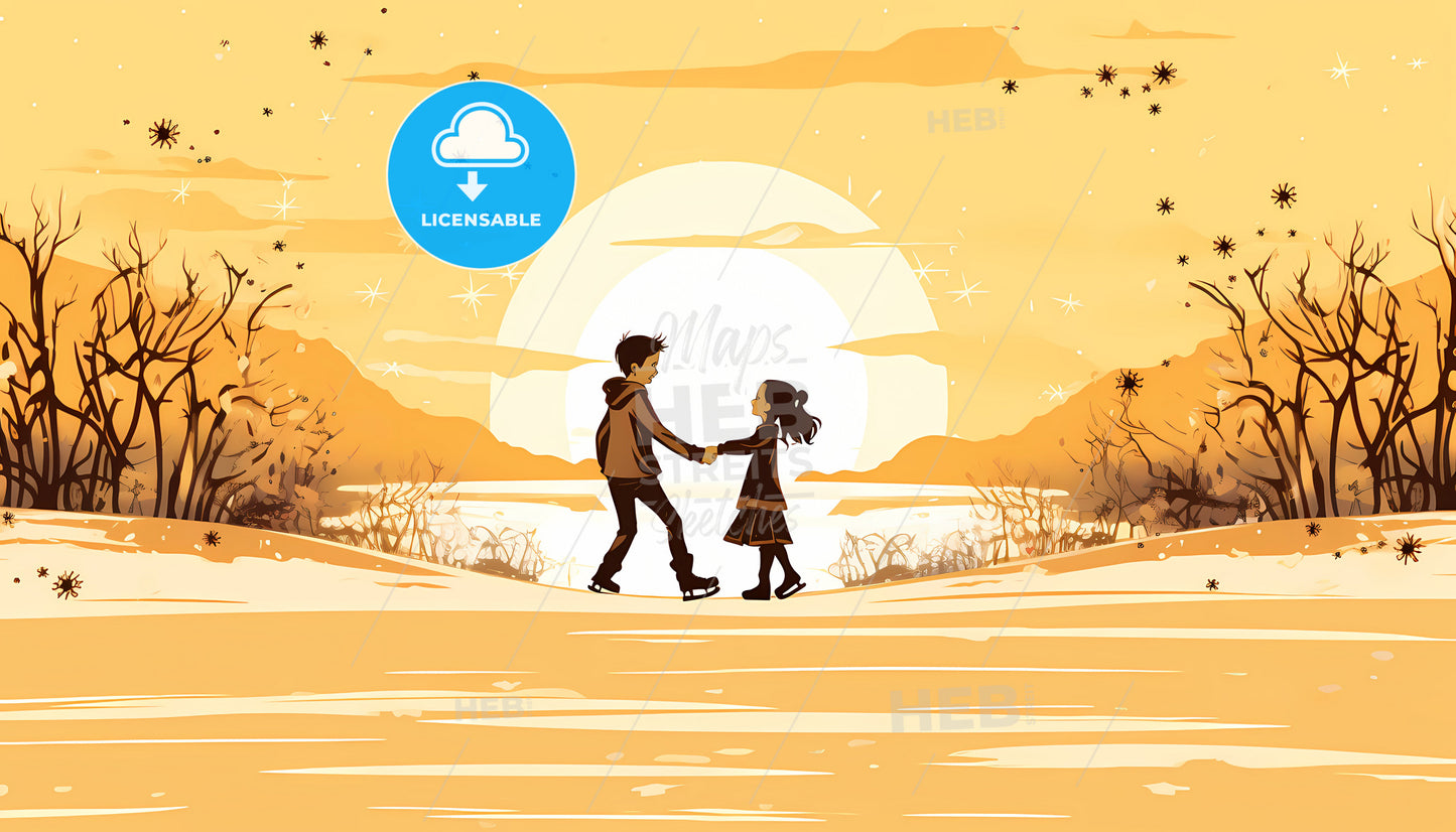 A Cartoon Of A Boy And Girl Skating In The Snow