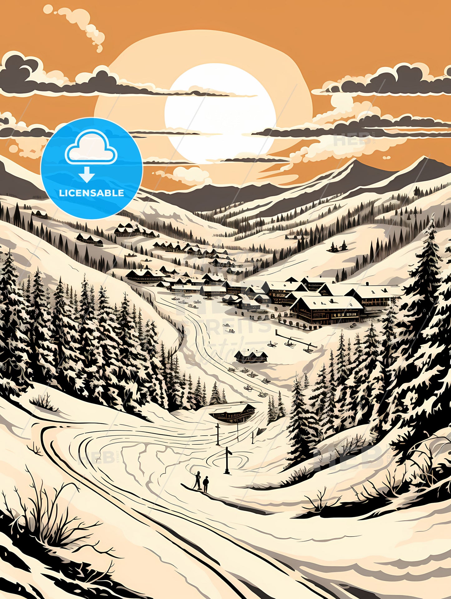 A Landscape Of A Snowy Mountain With A Village And Trees