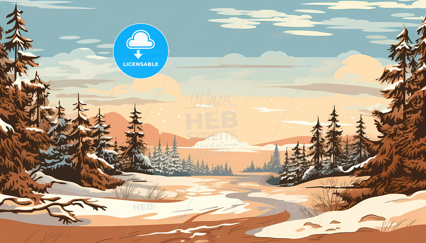 A Snowy Landscape With Trees And A River