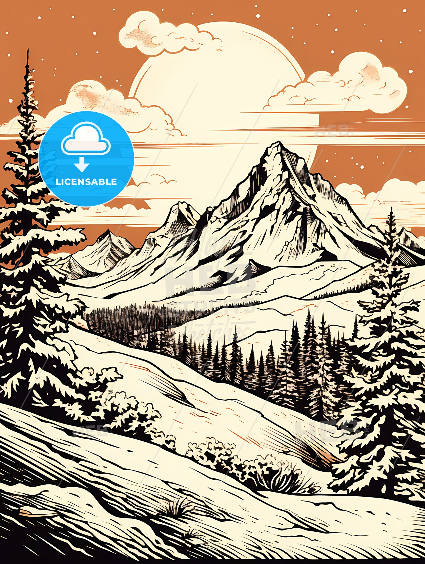 A Mountain Landscape With Trees And A Sun