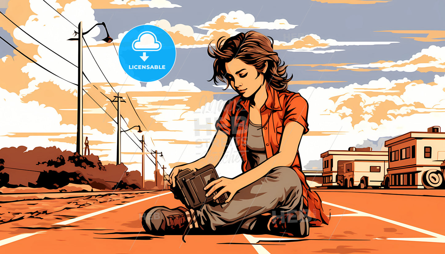 A Woman Sitting On The Ground Looking At A Camera