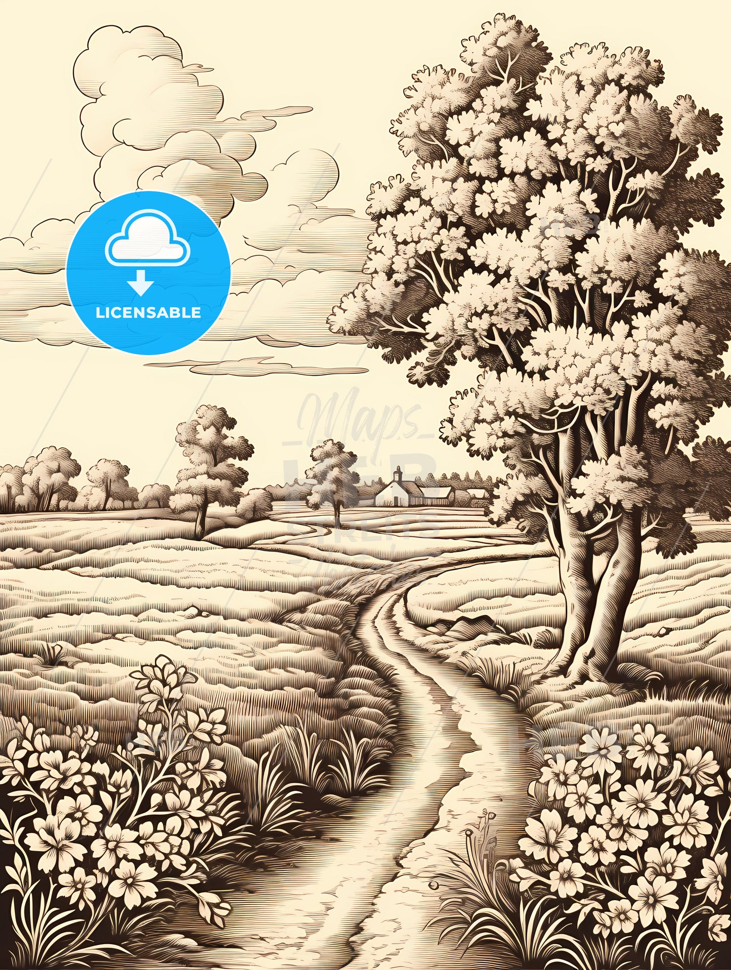 A Drawing Of A Road Through A Field