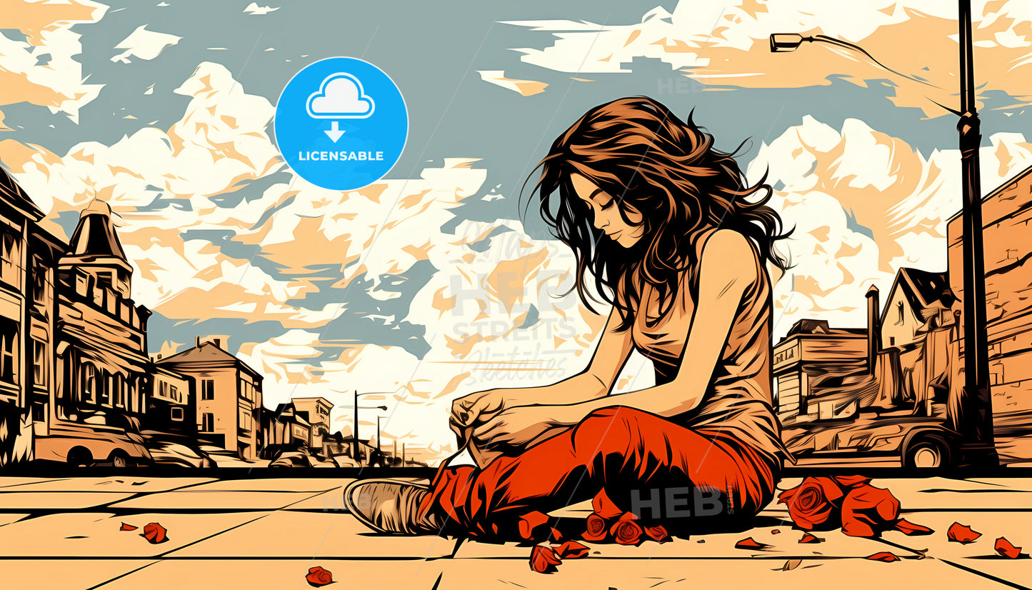 A Woman Sitting On The Ground With Rose Petals