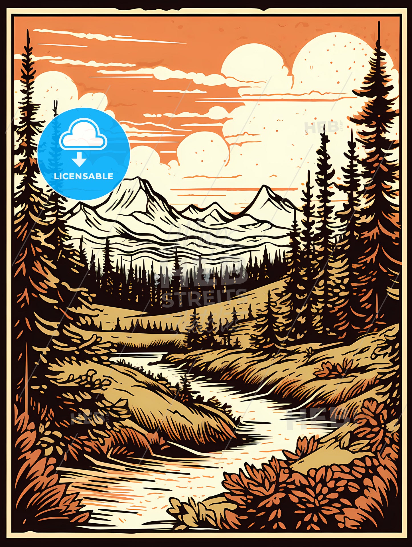 A Painting Of A River Running Through A Forest