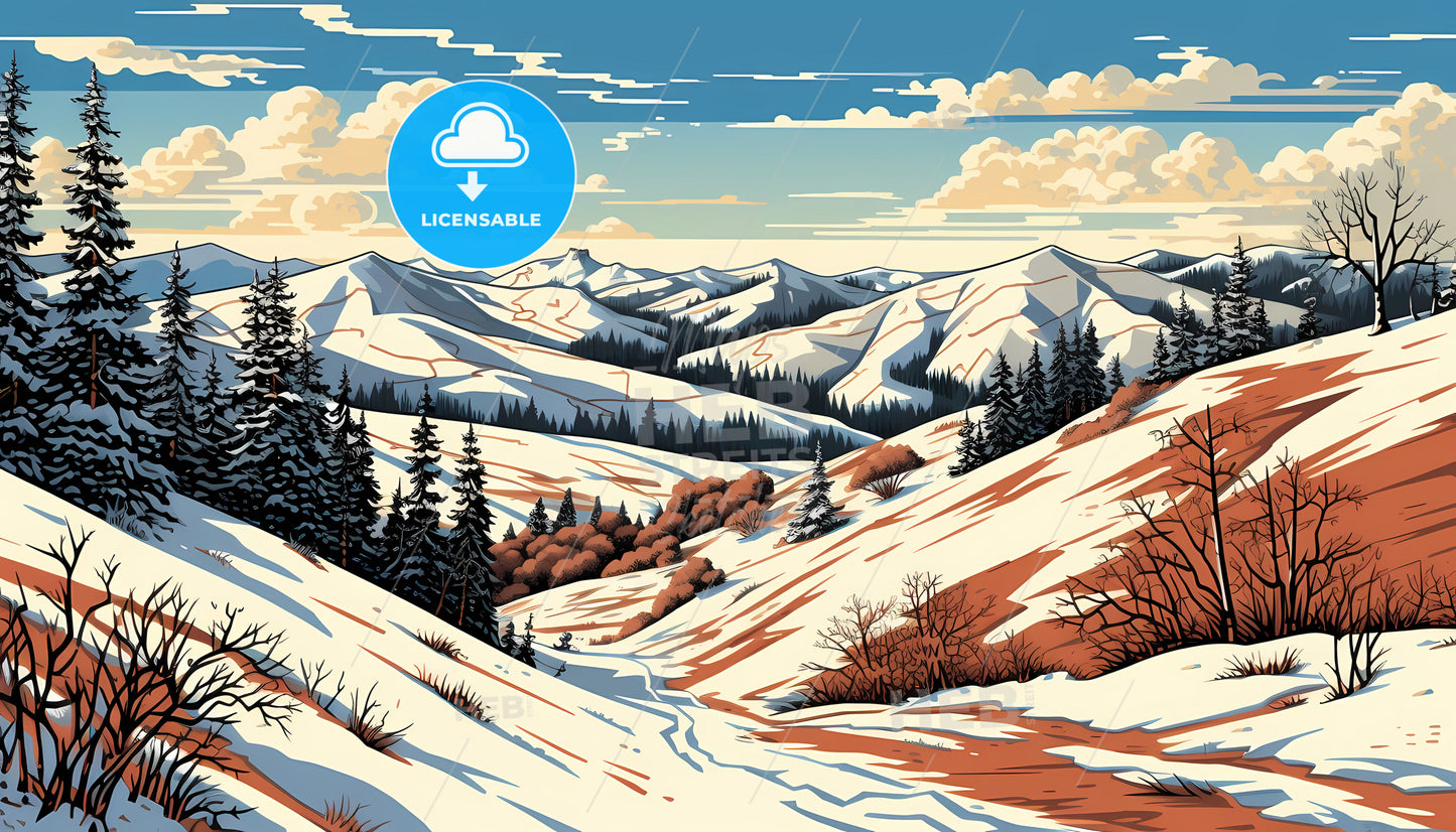 A Snowy Mountain Landscape With Trees And Mountains