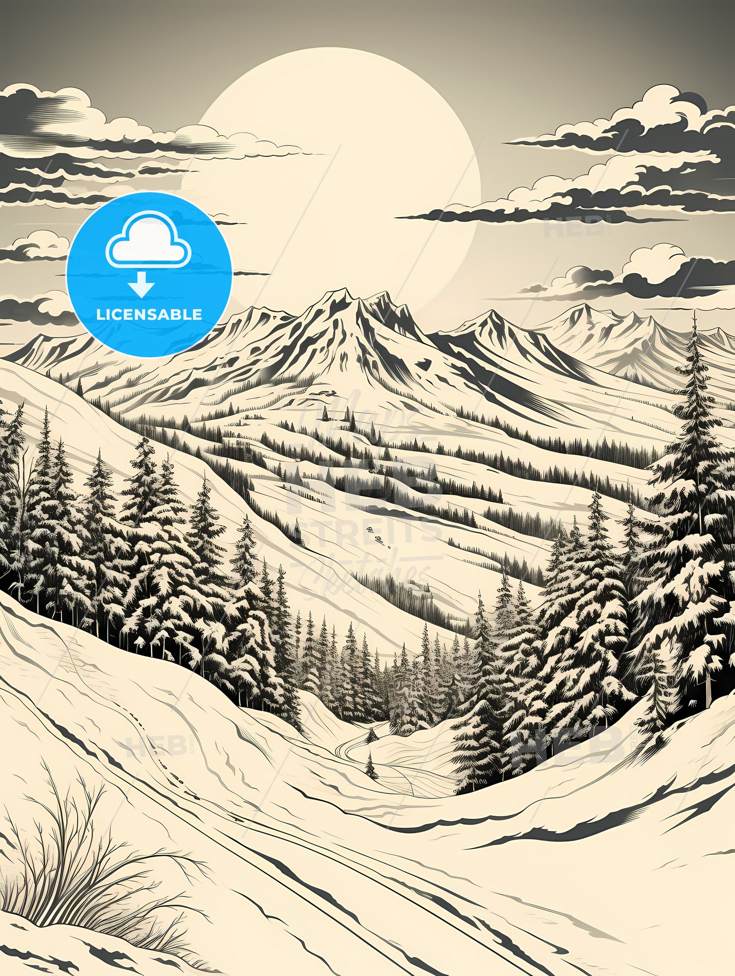 A Mountain Landscape With Trees And Snow