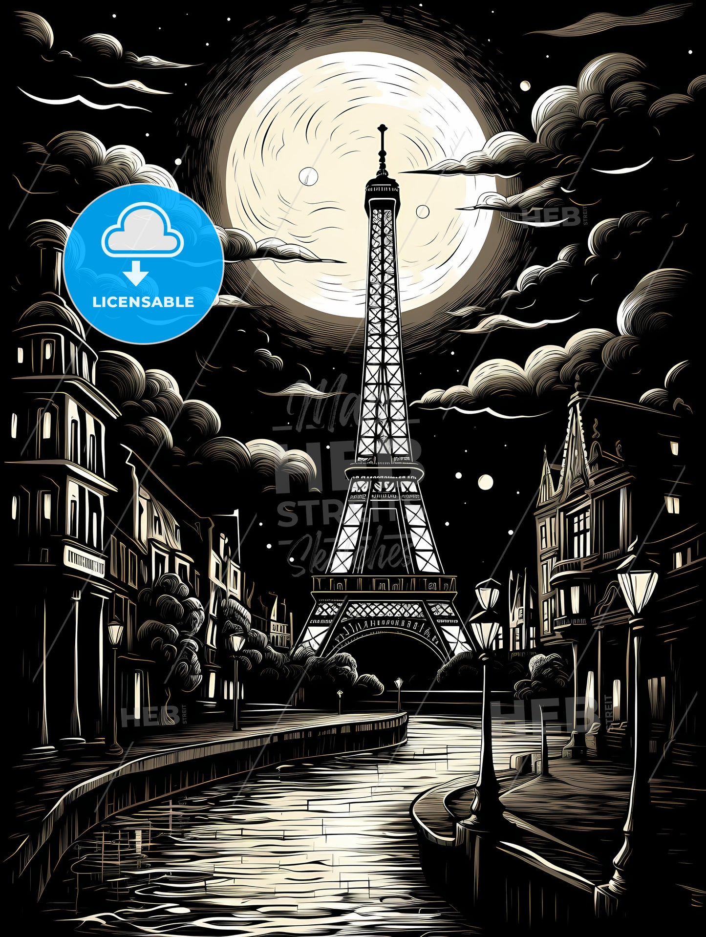 A Black And White Drawing Of A Tower And A Moon