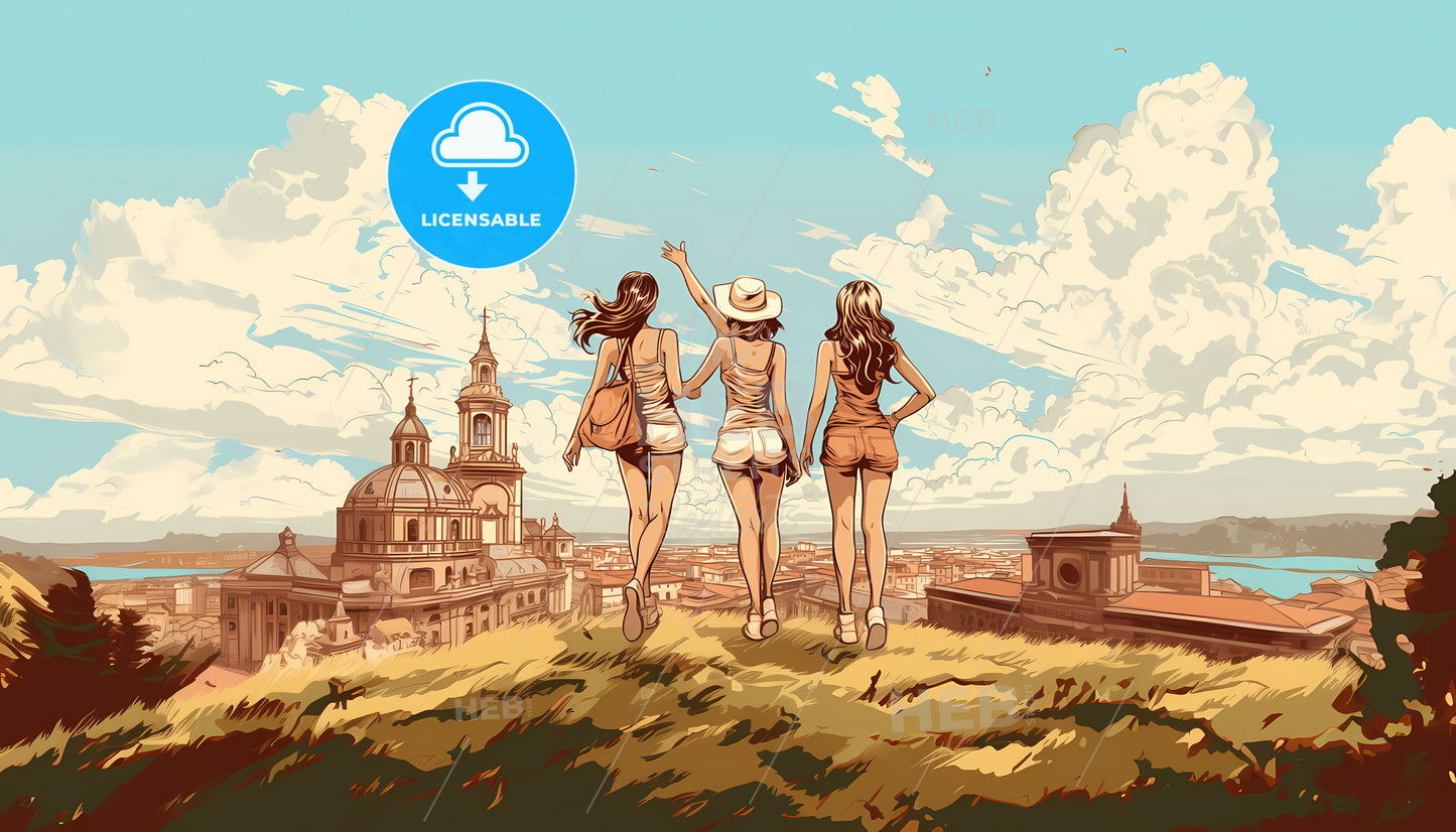 A Group Of Women Looking At A City