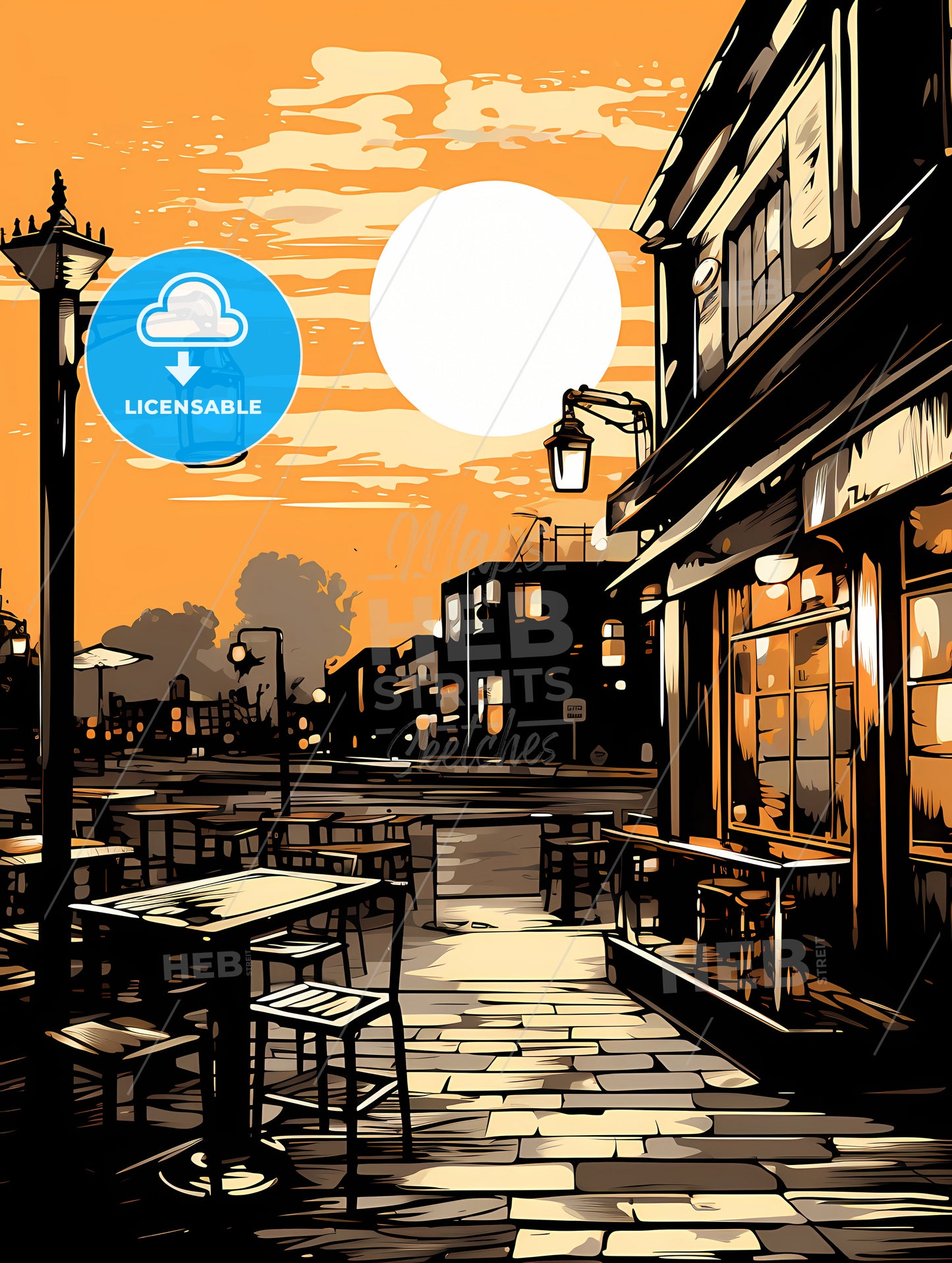 A Street With Tables And Chairs And A Lamp Post