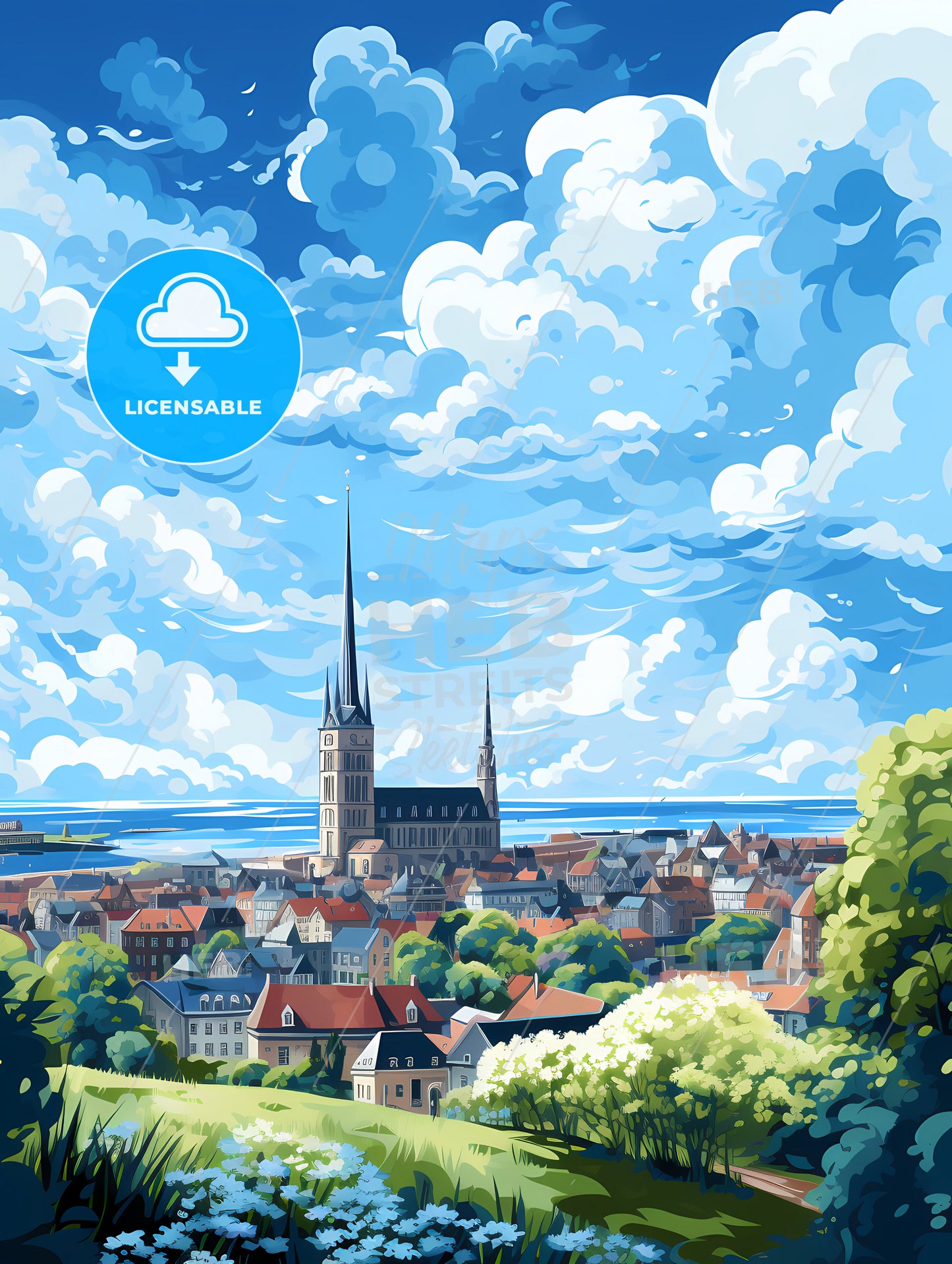 A City With A Tall Spire And Trees