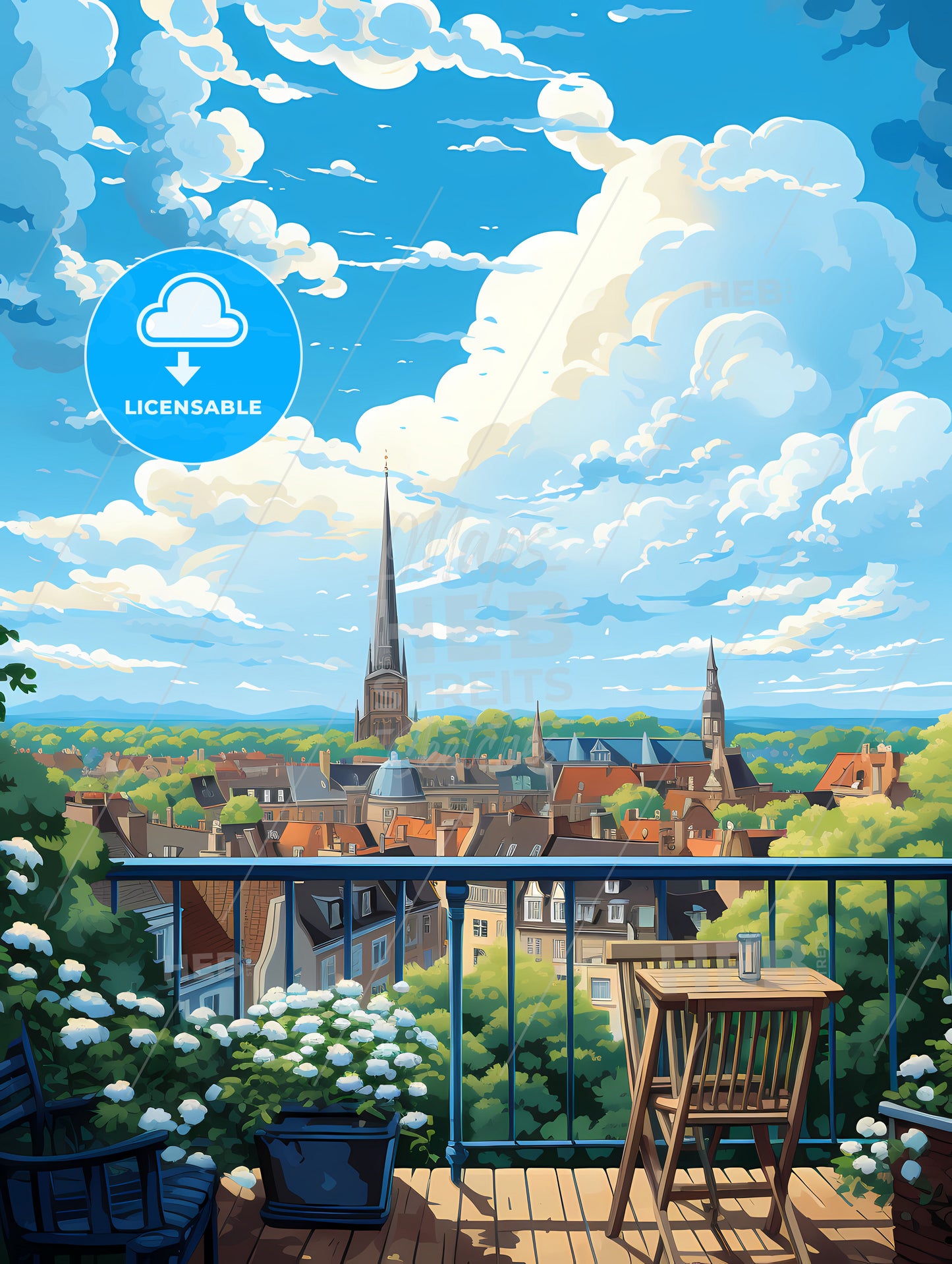 A Balcony With A View Of A City And A Tall Tower