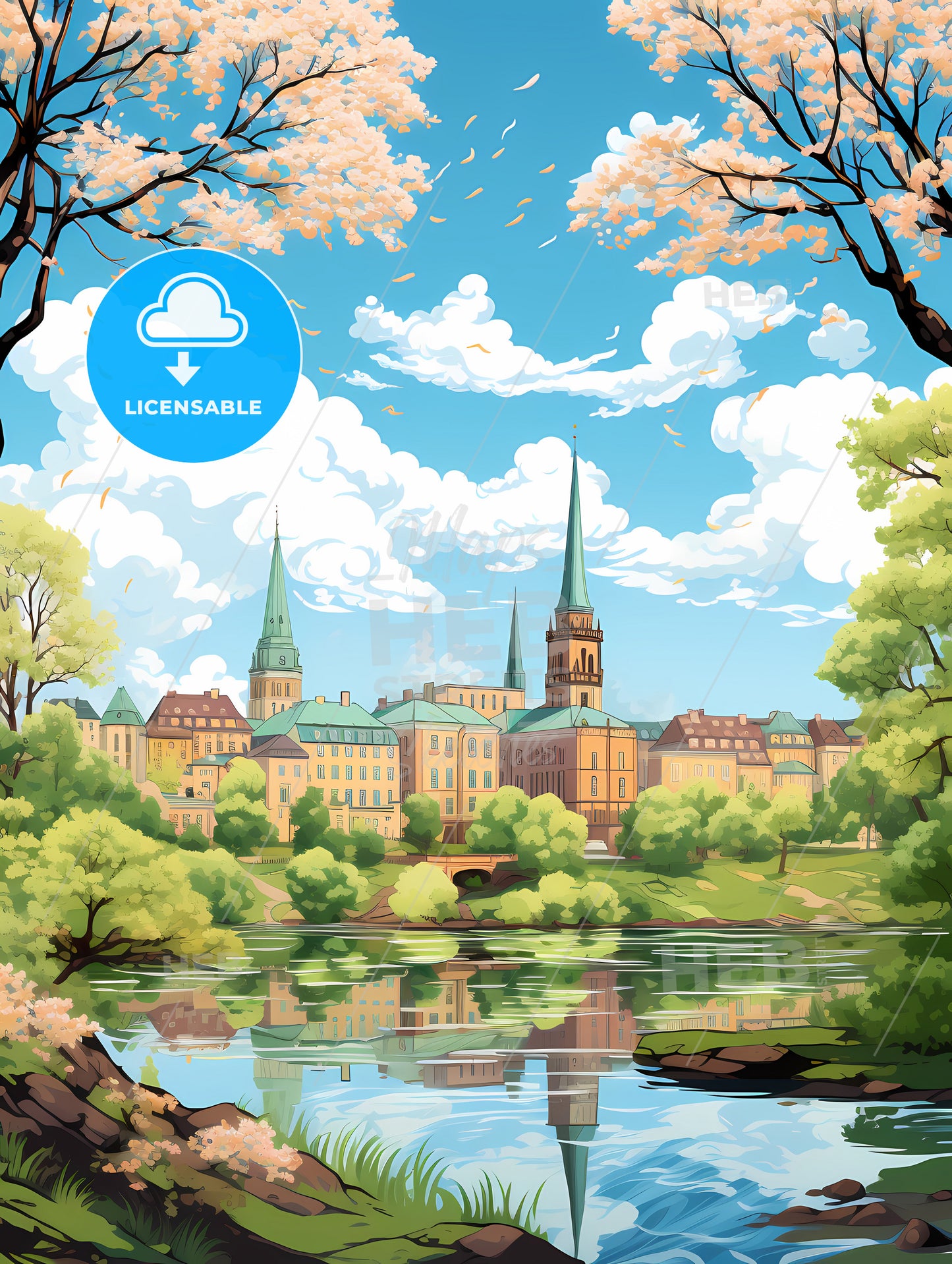 A Landscape Of A City With Trees And A River