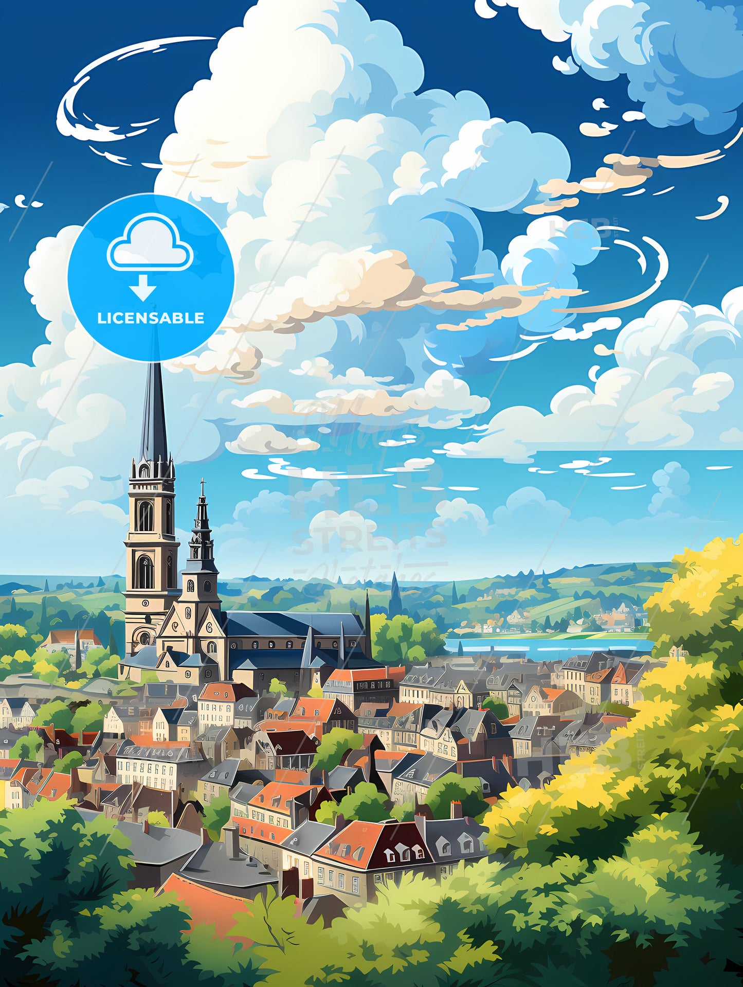 A City With A Tall Tower And A Church