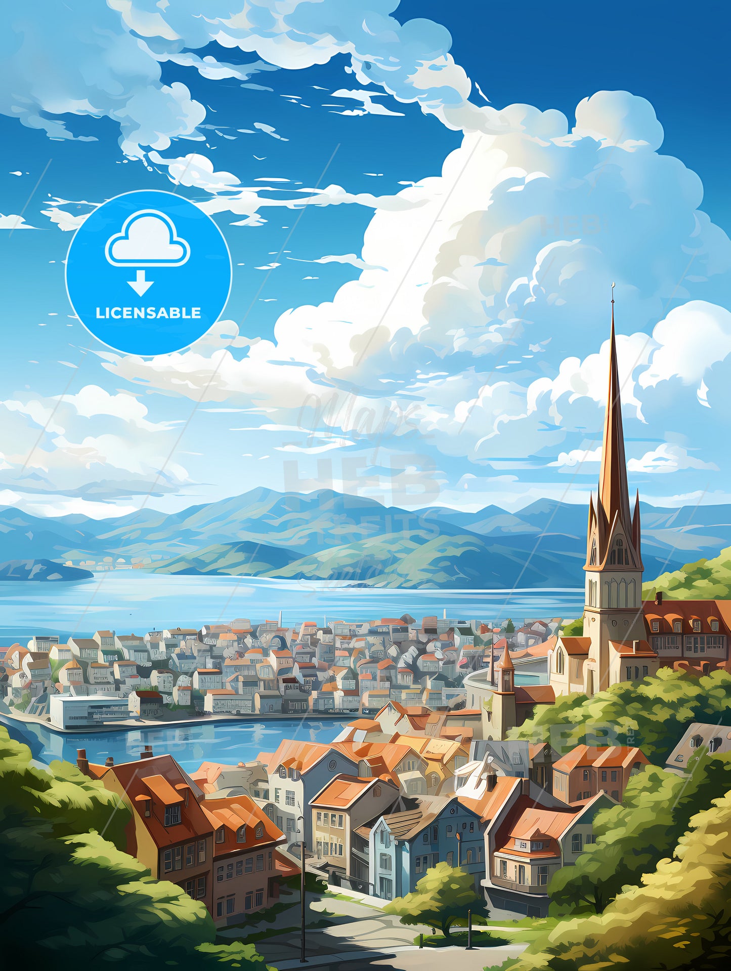 A City With A Steeple And A Body Of Water