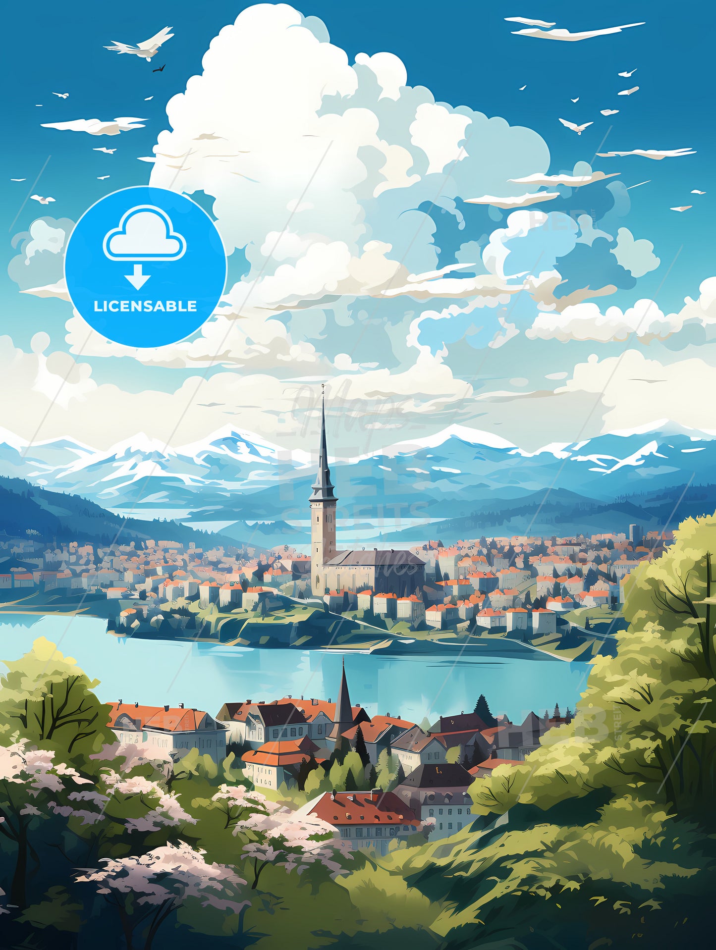 A City With A Tower And A Lake