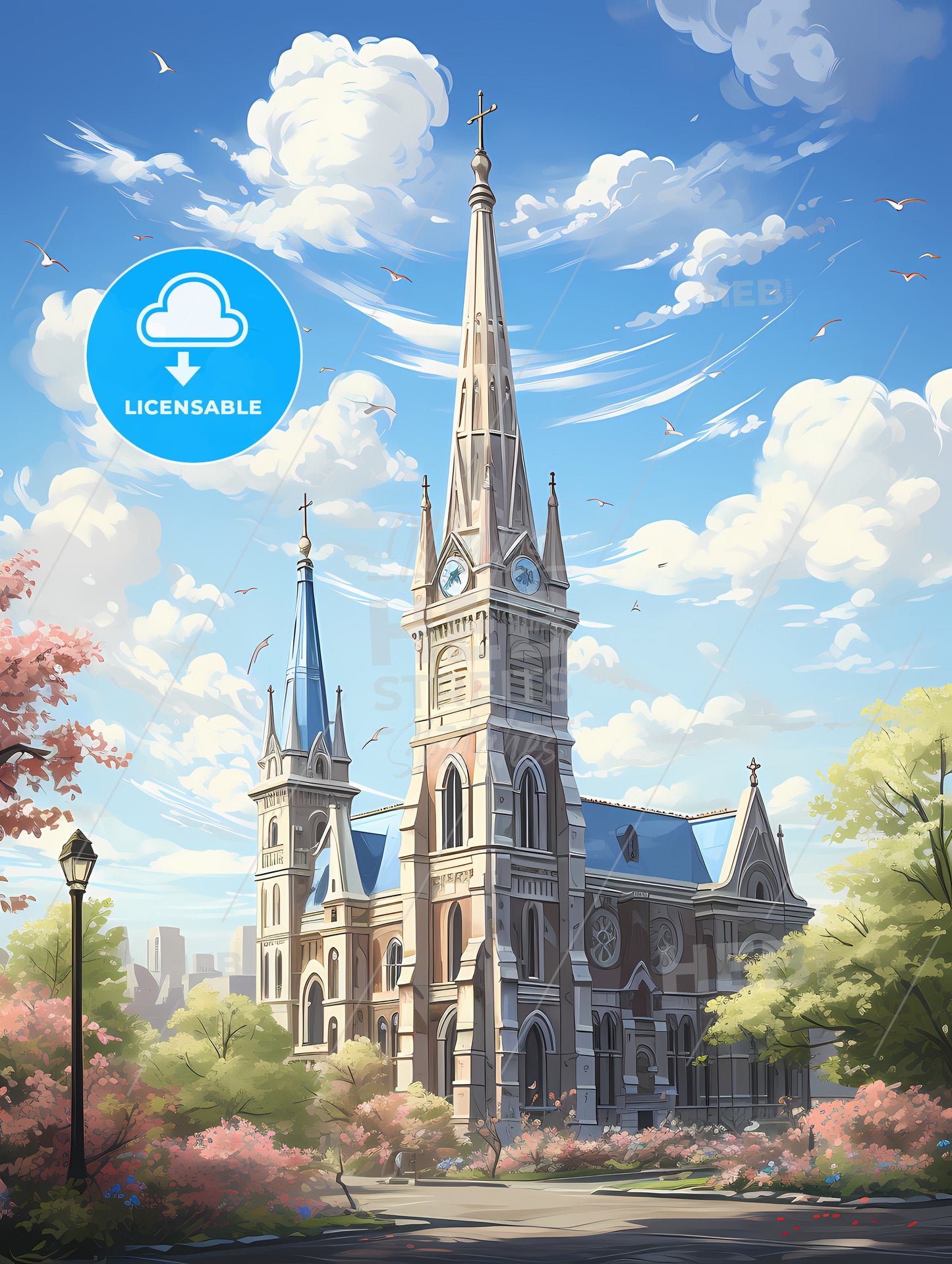 A Church With Trees And A Street Light