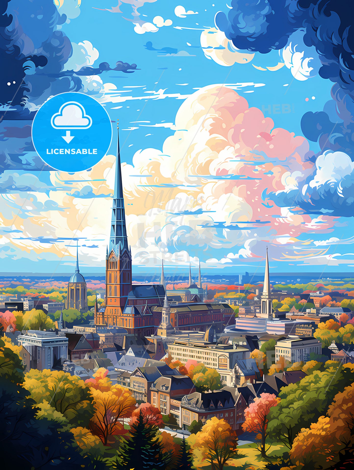 A City With A Tall Spire And Trees