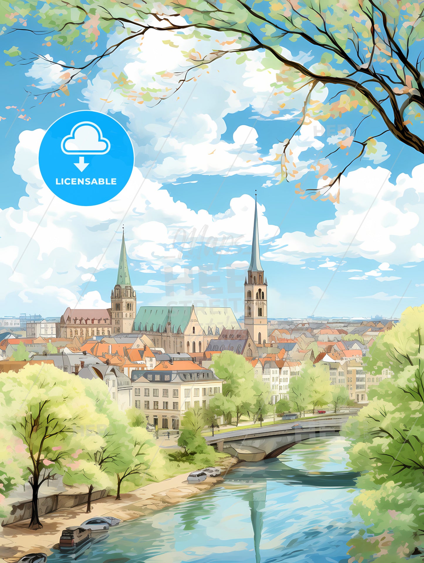 A City With A Bridge And Trees