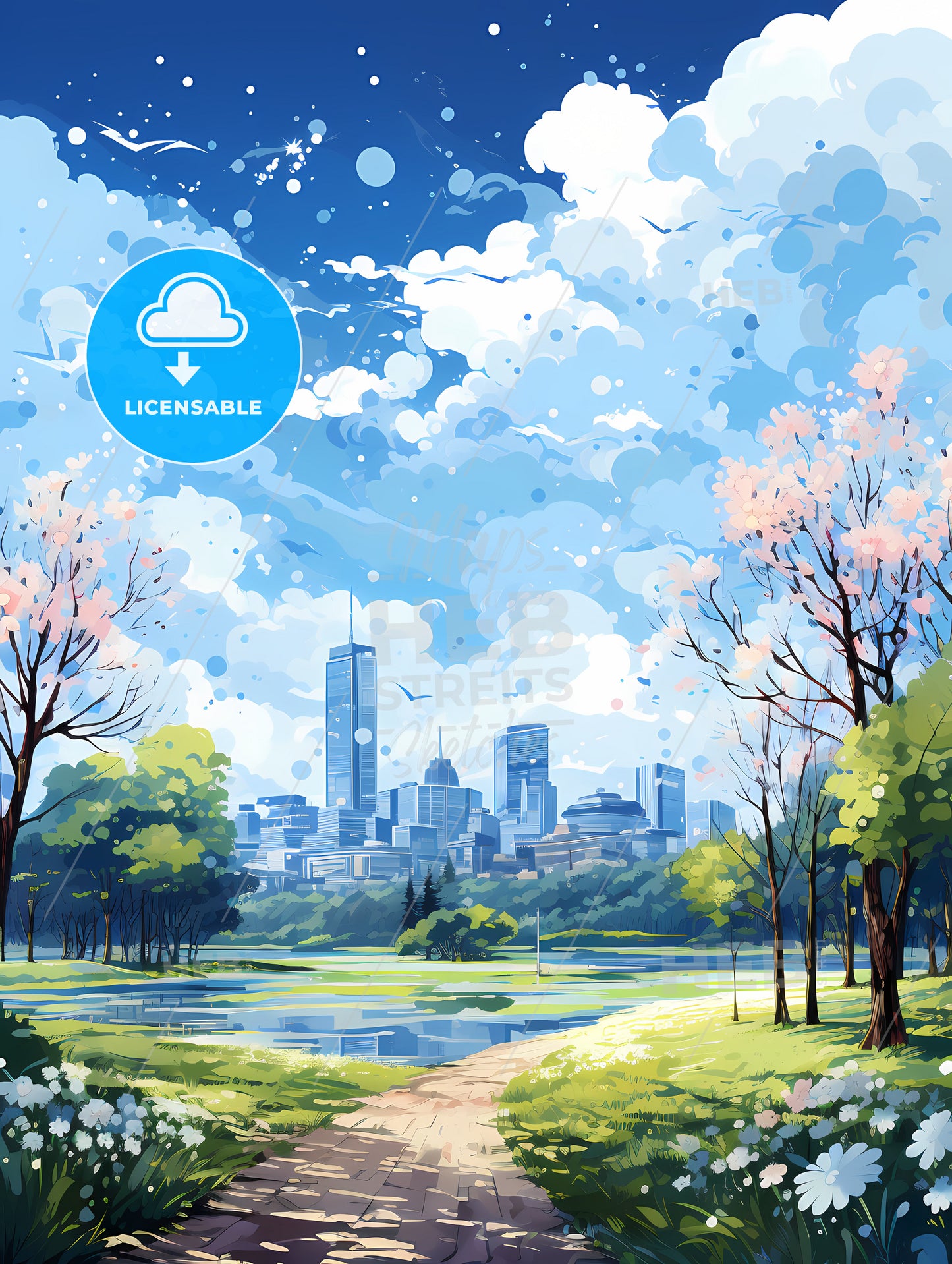 A Landscape Of A Park With Trees And A City In The Background