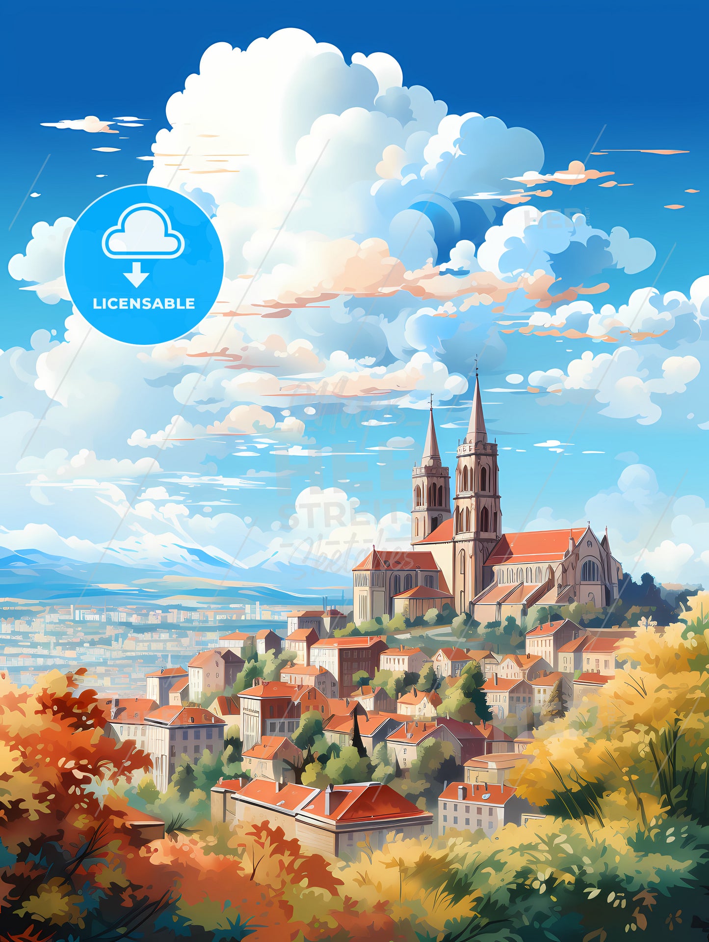 A City With A Church And Trees