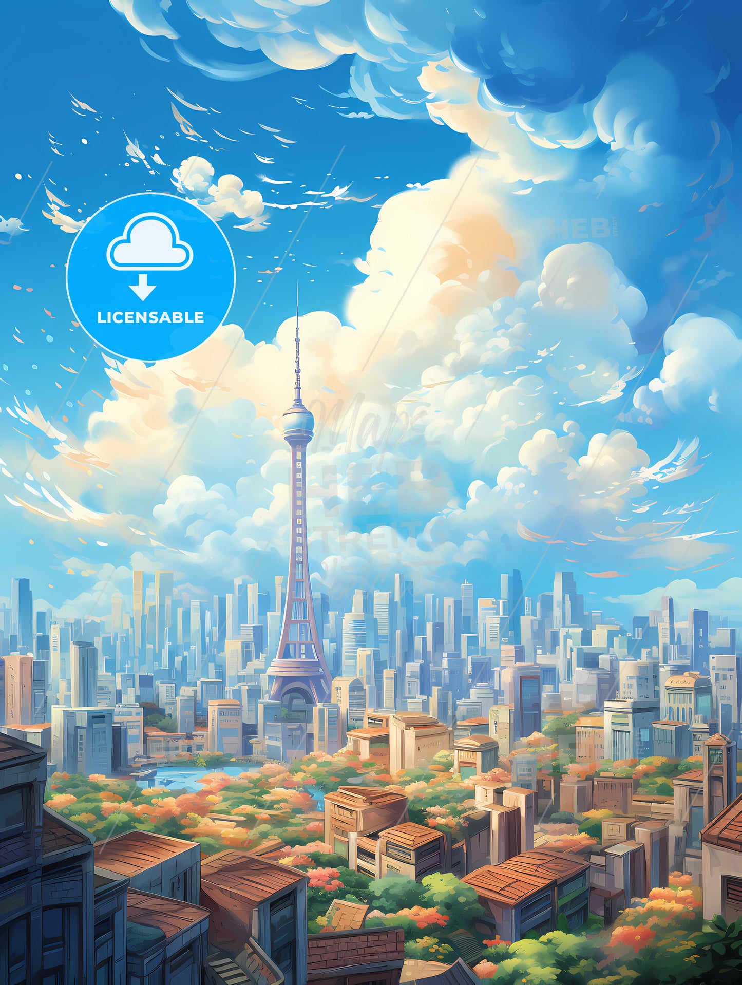 A Cityscape With A Tower In The Distance