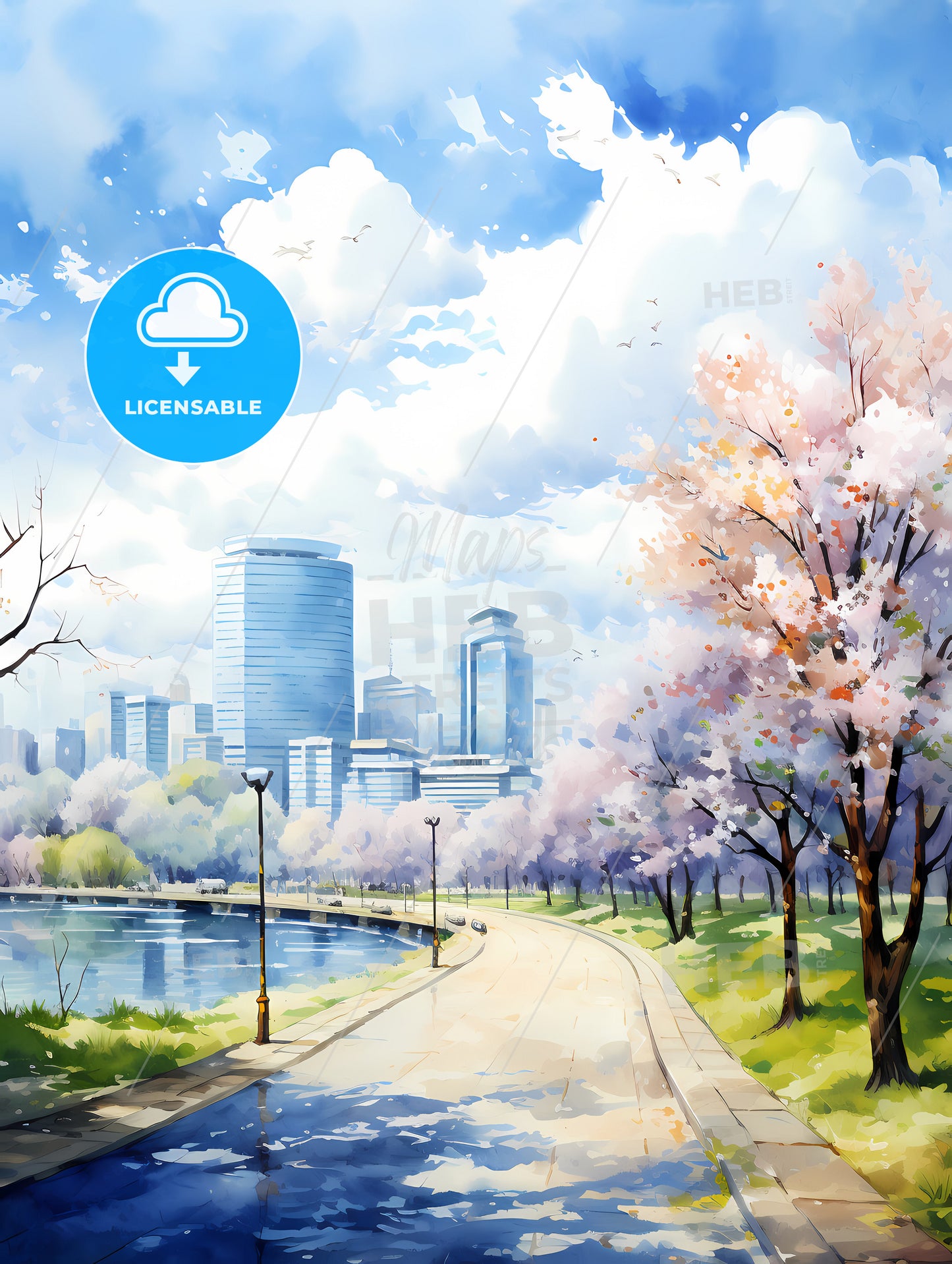 A Water Way With Trees And A City In The Background