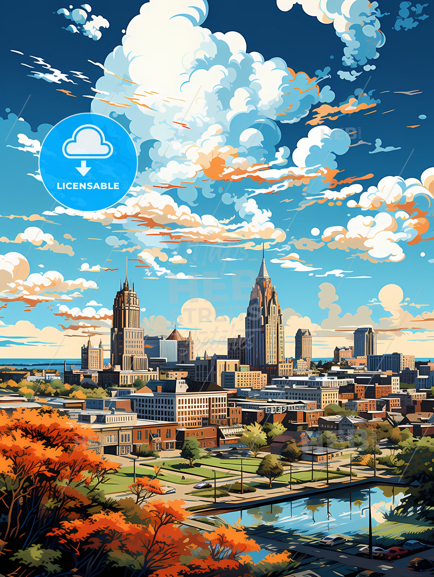 A Cityscape With Trees And Clouds