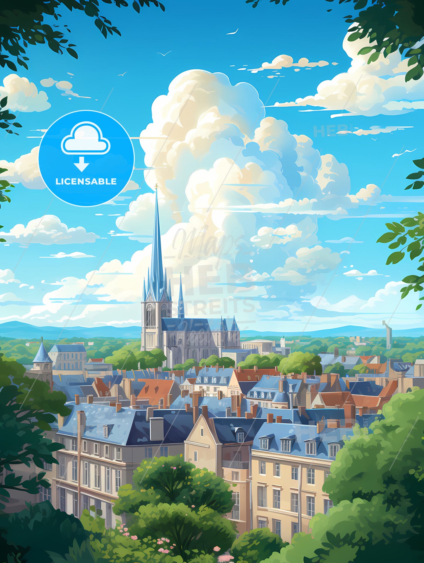 A City With A Tall Spire And Trees