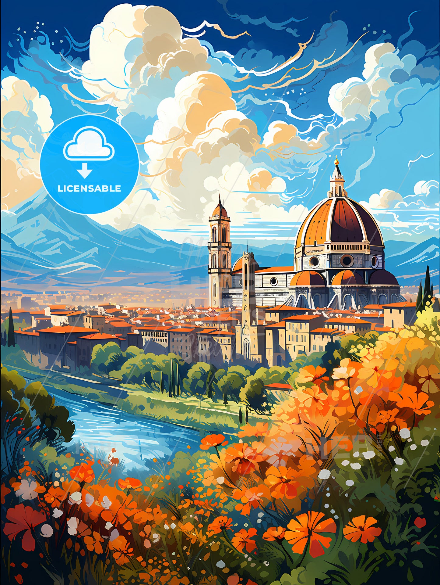 A Painting Of A City With A Dome And A River