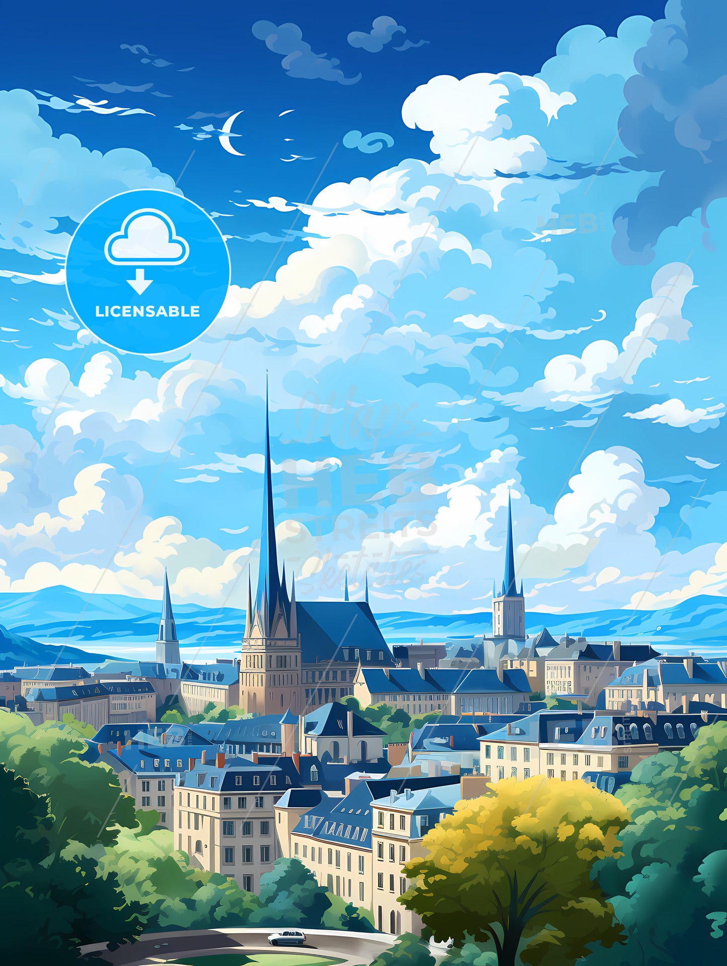 A City With A Spire And Trees