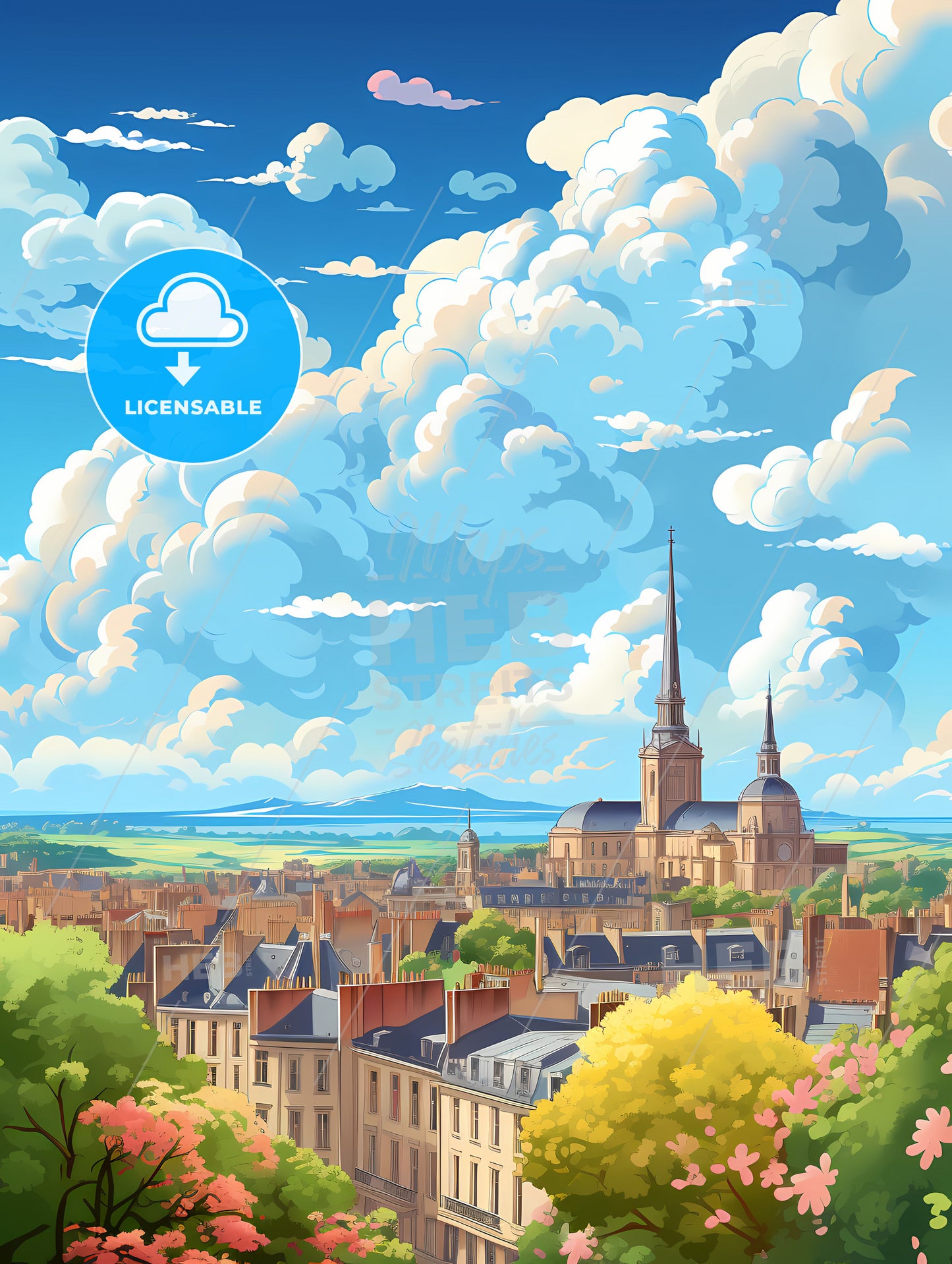 A City Landscape With A Large Building And Trees