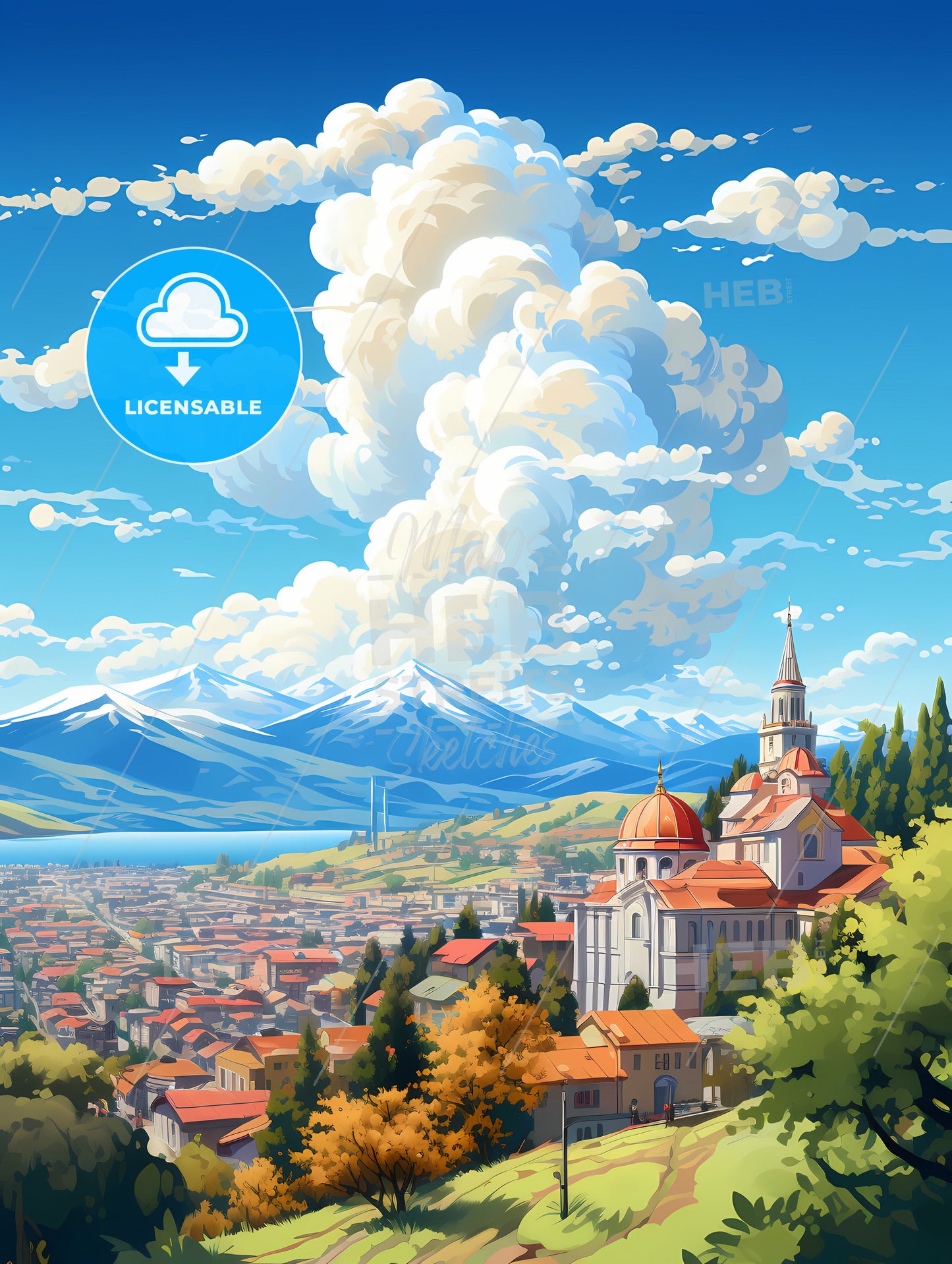 A City With A Church And Mountains In The Background