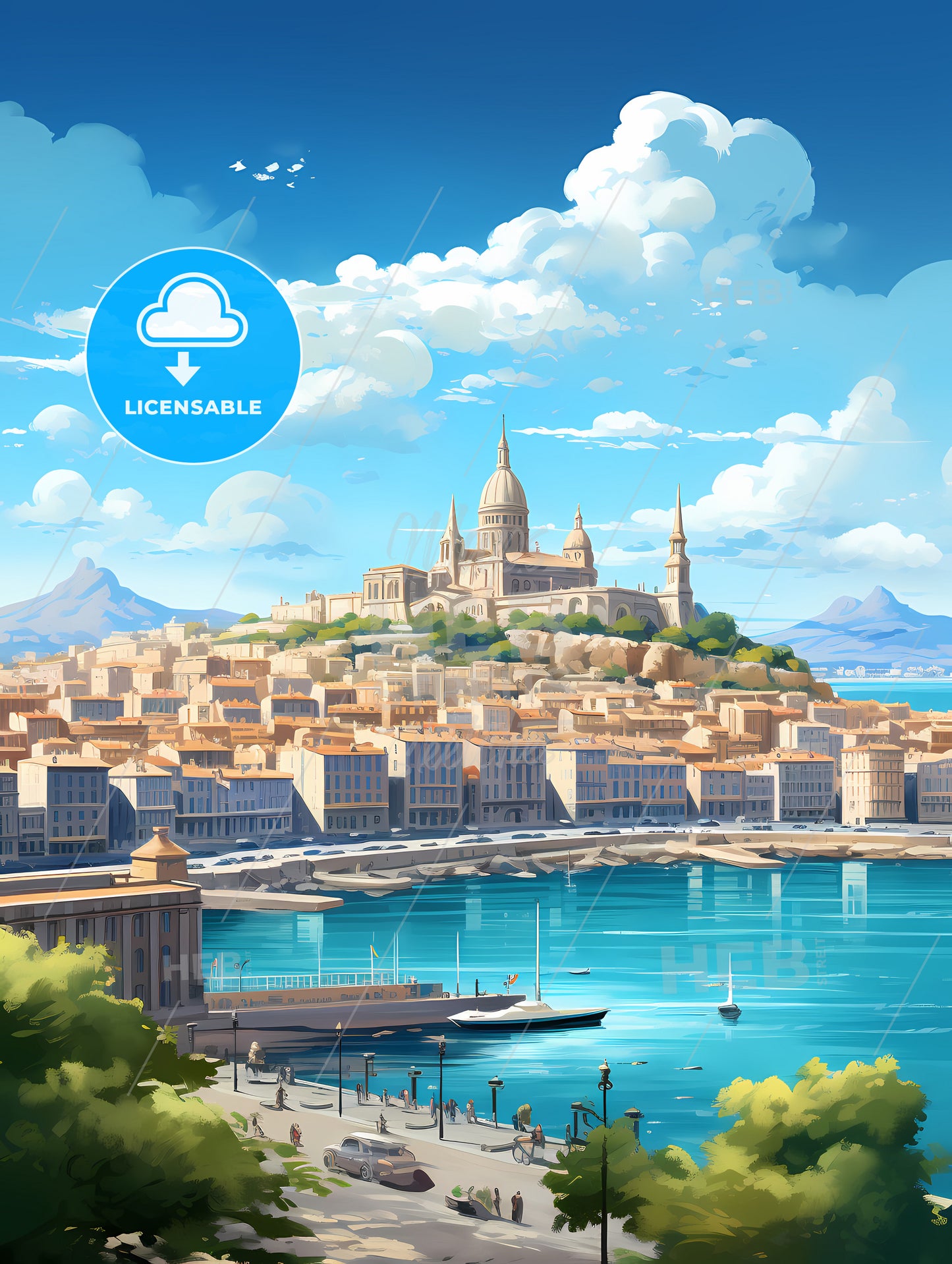A City With A Castle On A Hill And A Body Of Water