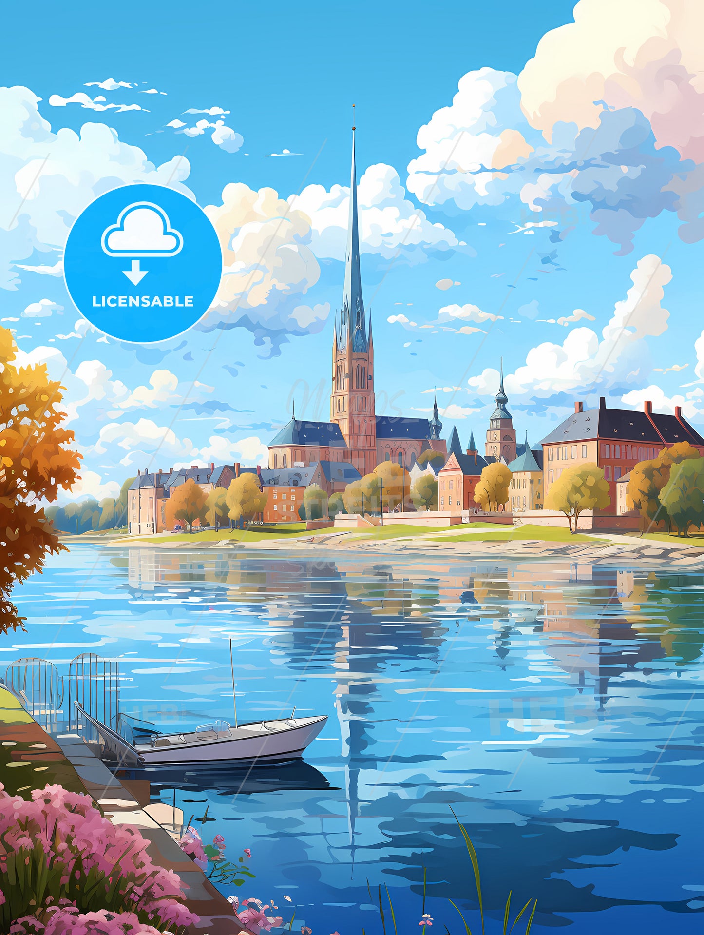 A Water Body With A Boat And A Building In The Background