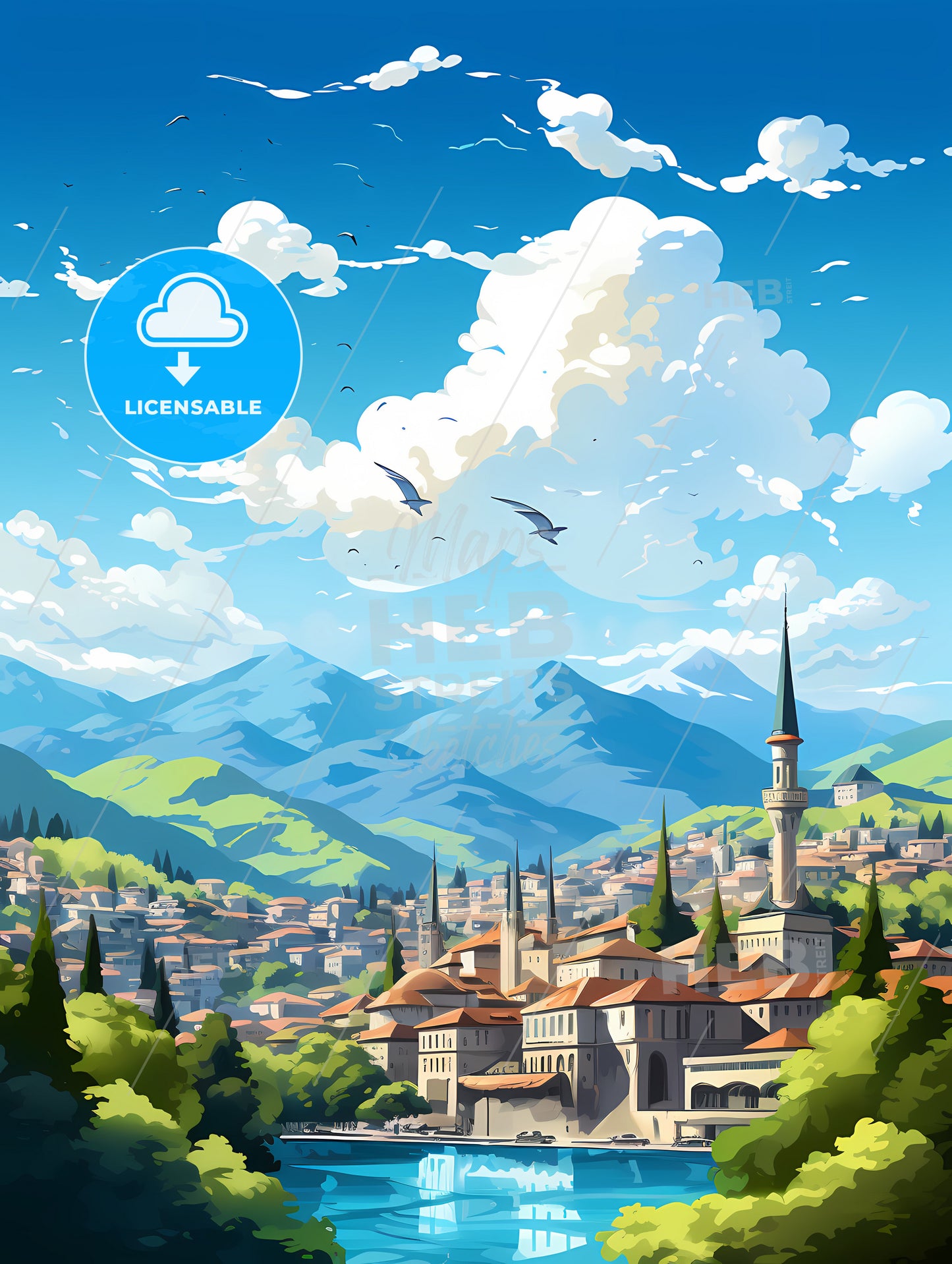 A Landscape Of A Town With Trees And Mountains