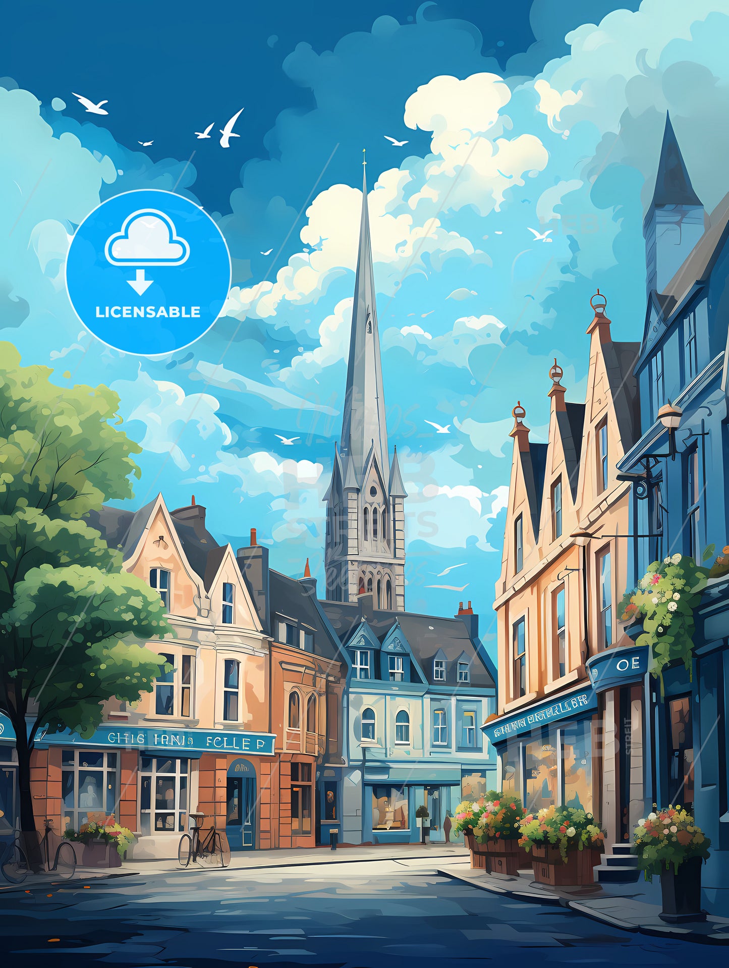 A Street With Buildings And A Tall Tower