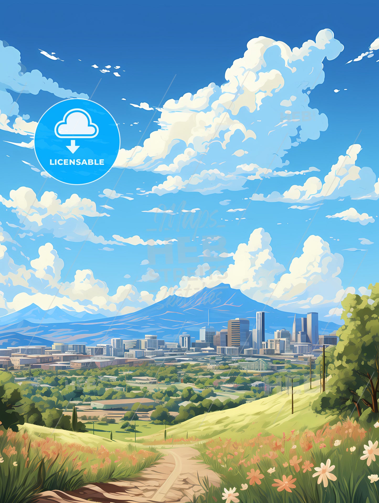 A Landscape Of A City With A Mountain In The Background