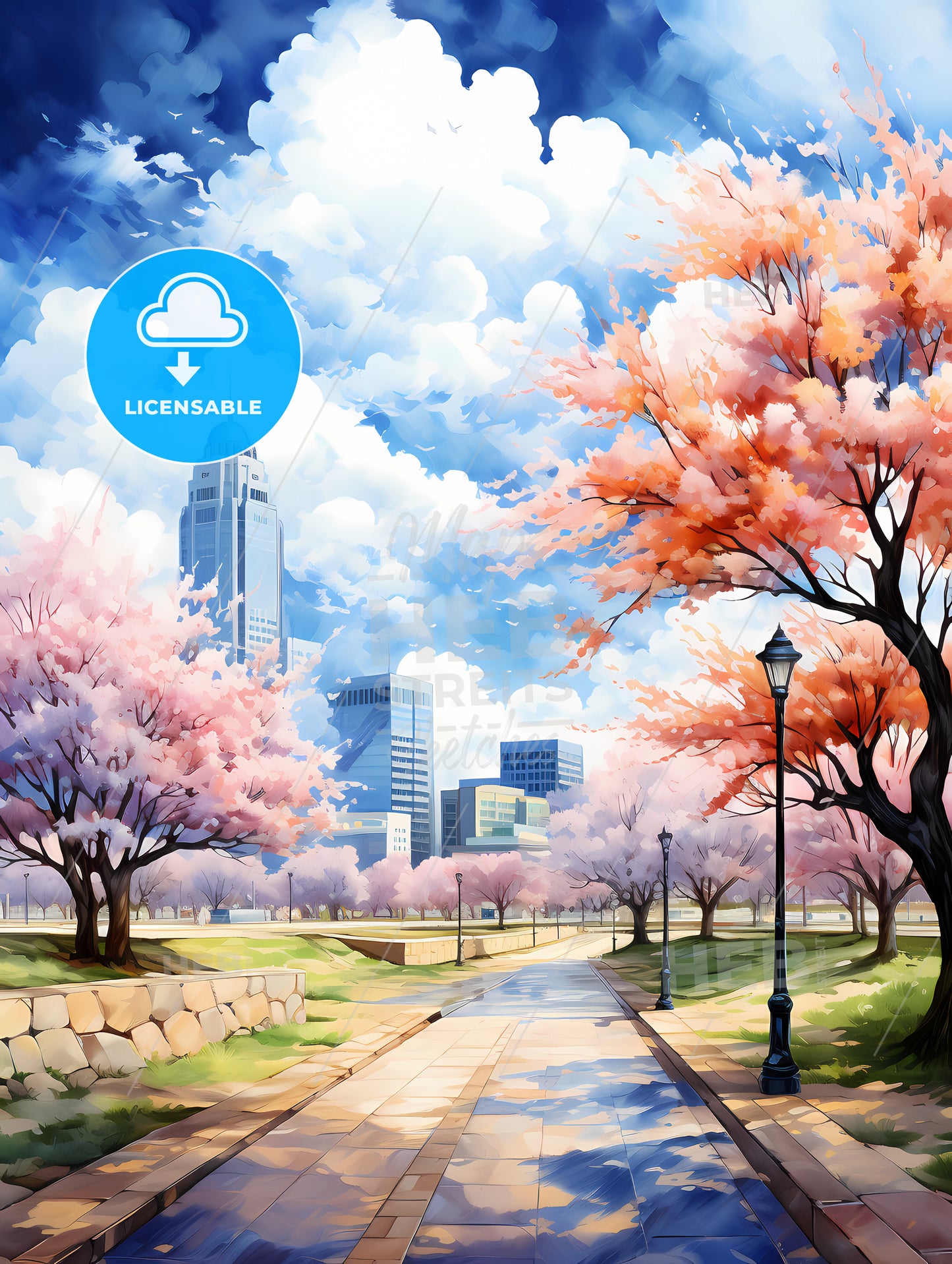 A Park With Pink Trees And A City In The Background