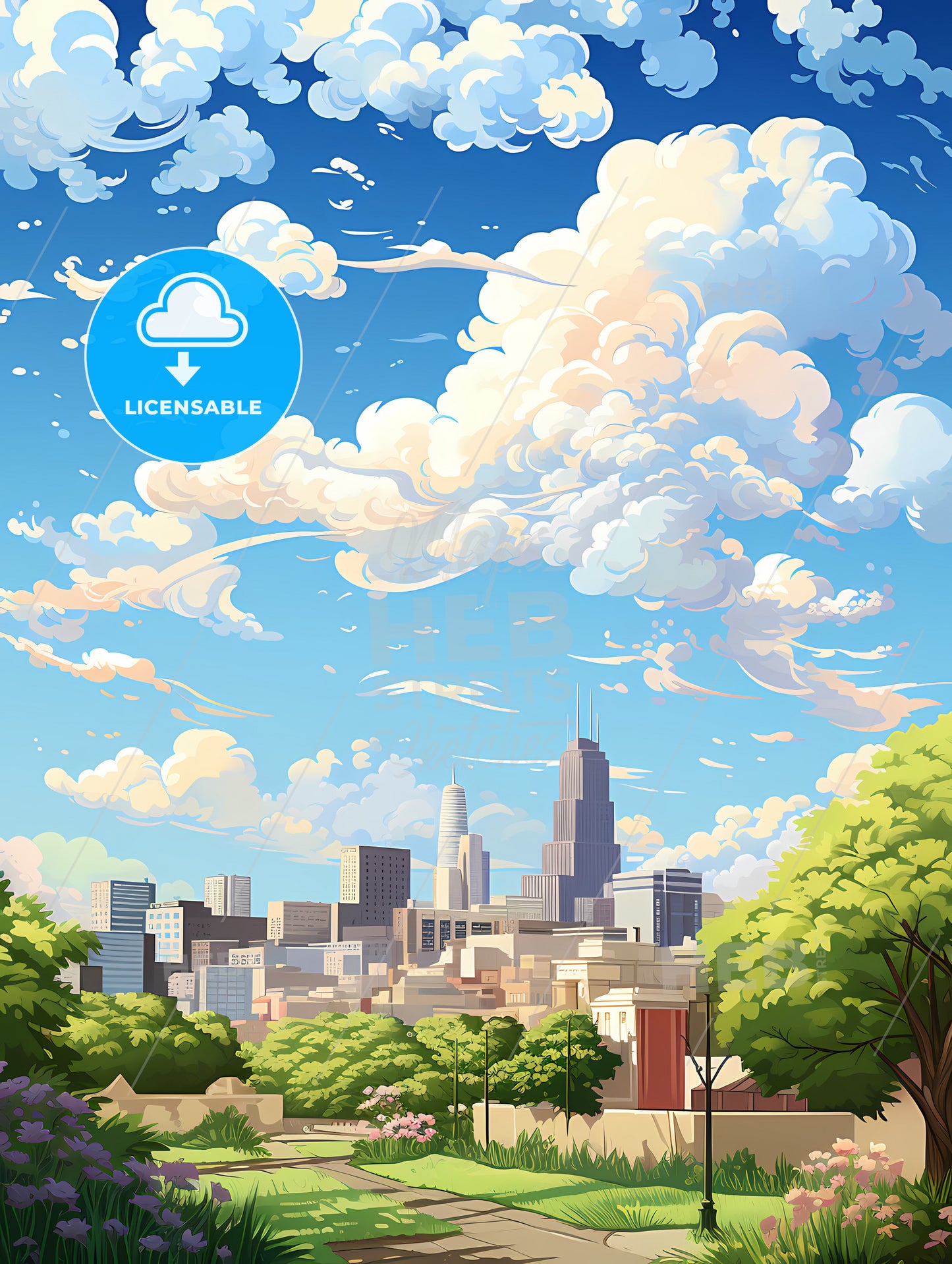 A City Landscape With Trees And Clouds