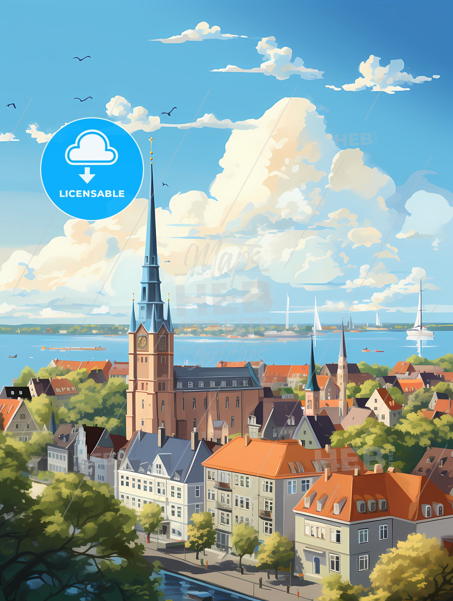 A City With A Tall Tower And Trees And Water